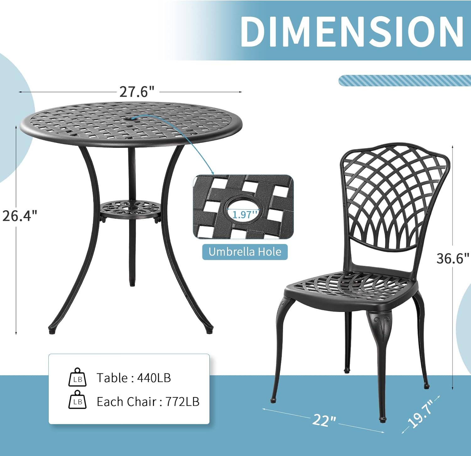 Juego de 2 mesas y sillas de bistró para exteriores, resistentes a la corrosión, con agujero para paraguas, juego de mesa grande para exteriores,
