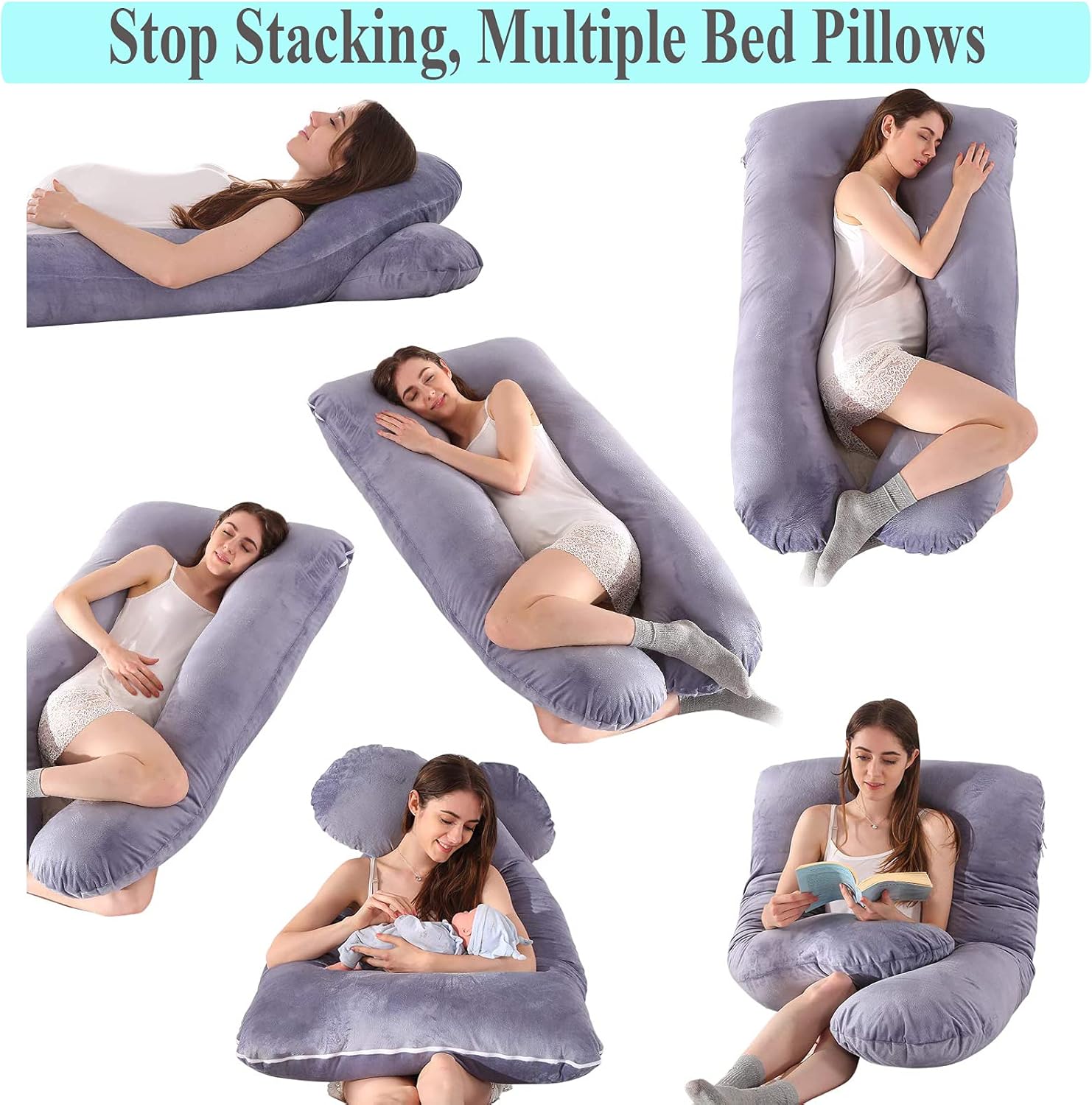 Almohada de embarazo, almohada de cuerpo completo en forma de U con funda extraíble de terciopelo, almohada de cama múltiple de 51 pulgadas,