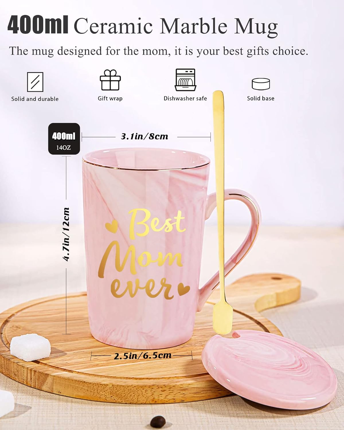 Taza de café con texto en inglés “Best Mom Ever”, regalos para el Día de la Madre para mamá por hija e hijo, 14 onzas líquidas (13.5 fl oz) taza de