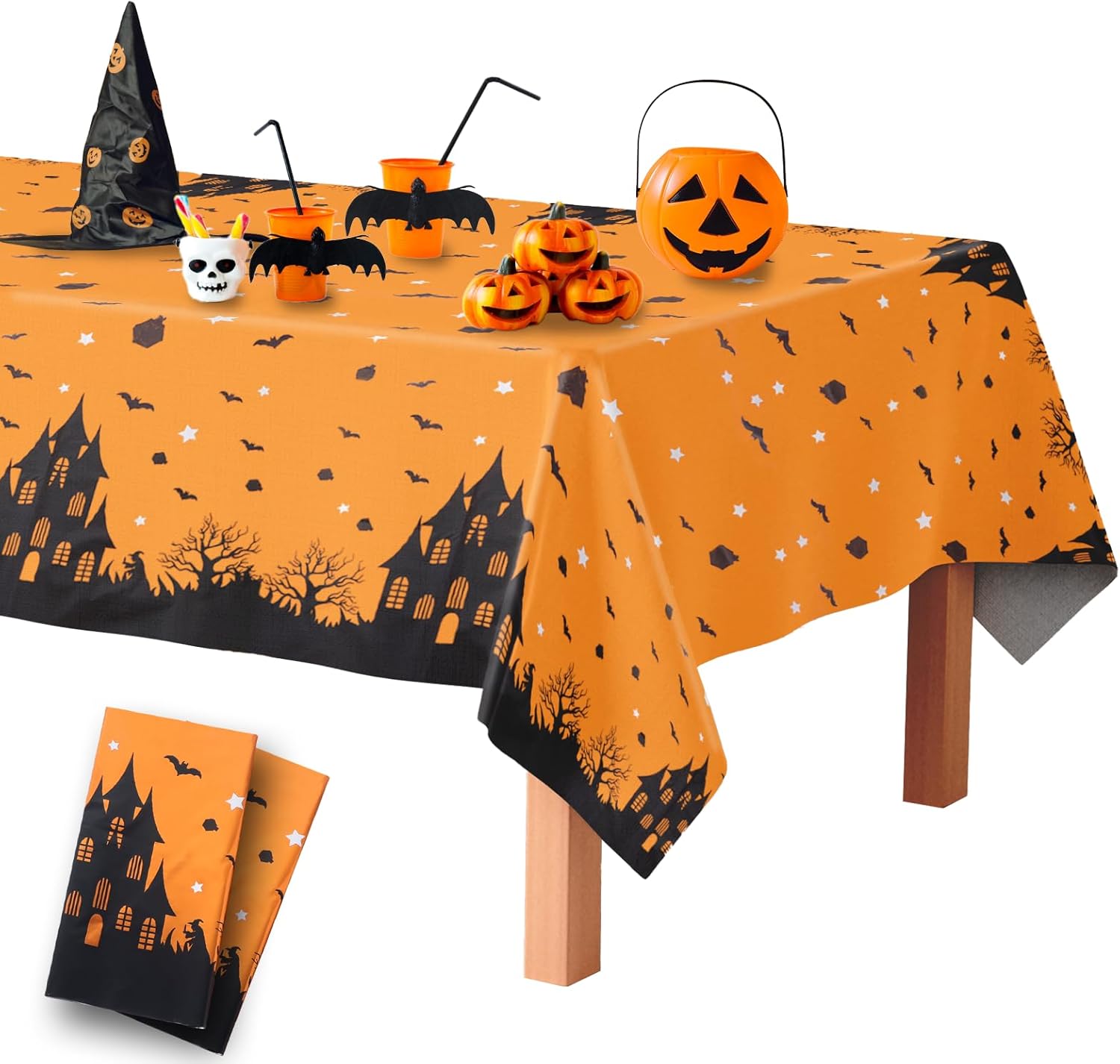 Imeepa 2 manteles de Halloween rectangulares de 54 x 72 pulgadas, mantel de plástico desechable con árbol de bruja de castillo, murciélago,