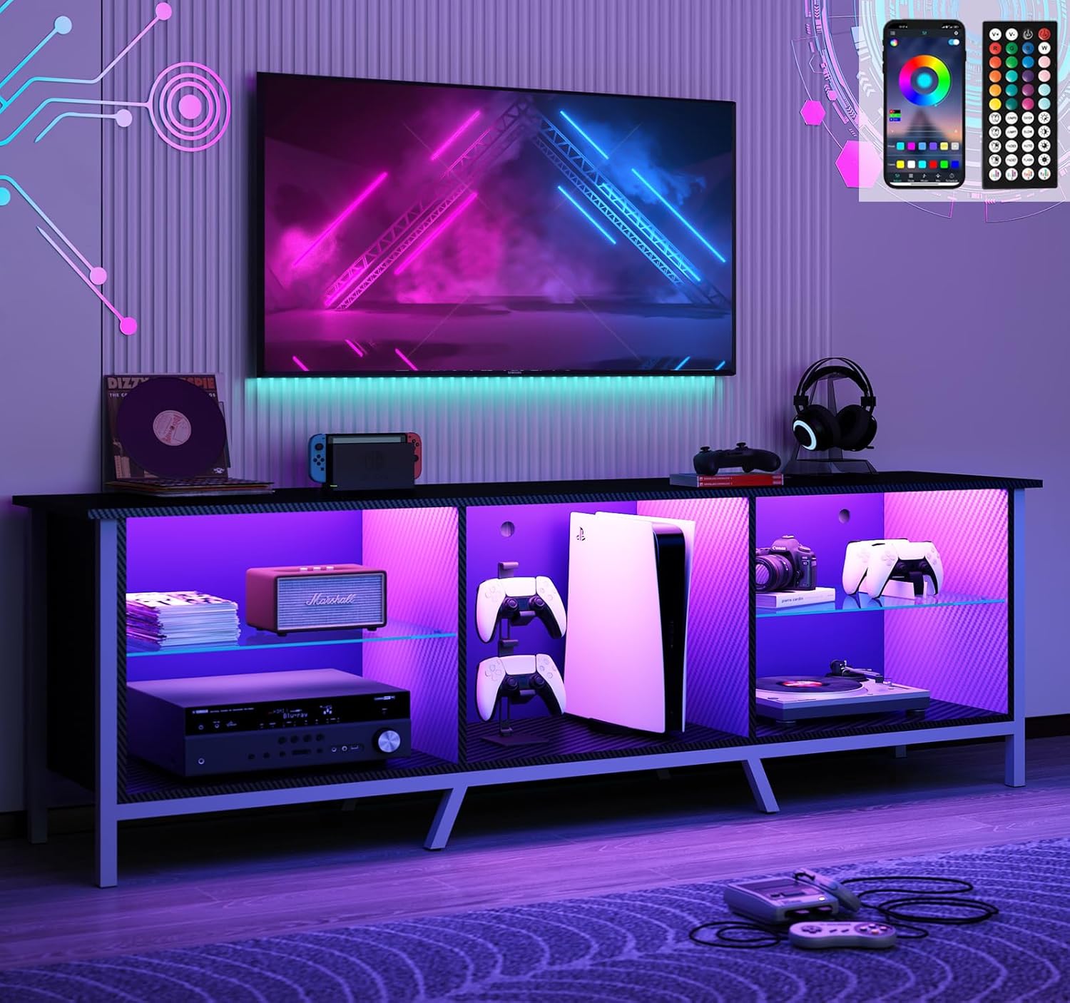Vinctik 6&Fox Soporte de TV LED de 63 pulgadas para TV de 6570 pulgadas, soporte de TV negro brillante para sala de estar, moderno centro de