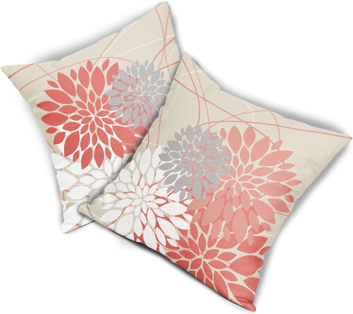 Juego de 2 fundas de almohada coral de 18 x 18 pulgadas, diseño de flores de dalia oscuro y rosa coral claro, decoración de exteriores para el