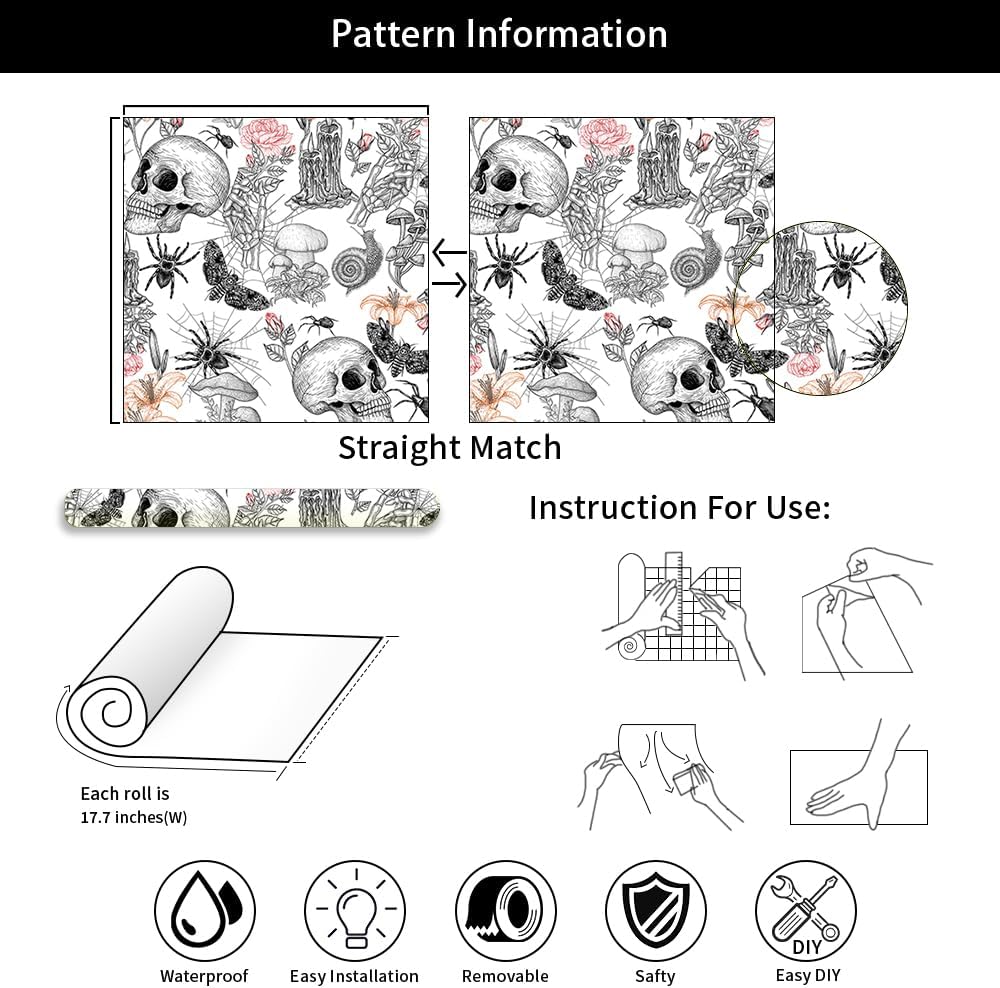BEETAL Papel tapiz autoadhesivo con diseño de hongos y calavera en blanco y negro, papel de contacto moderno para despegar y despegar, autoadhesivo,
