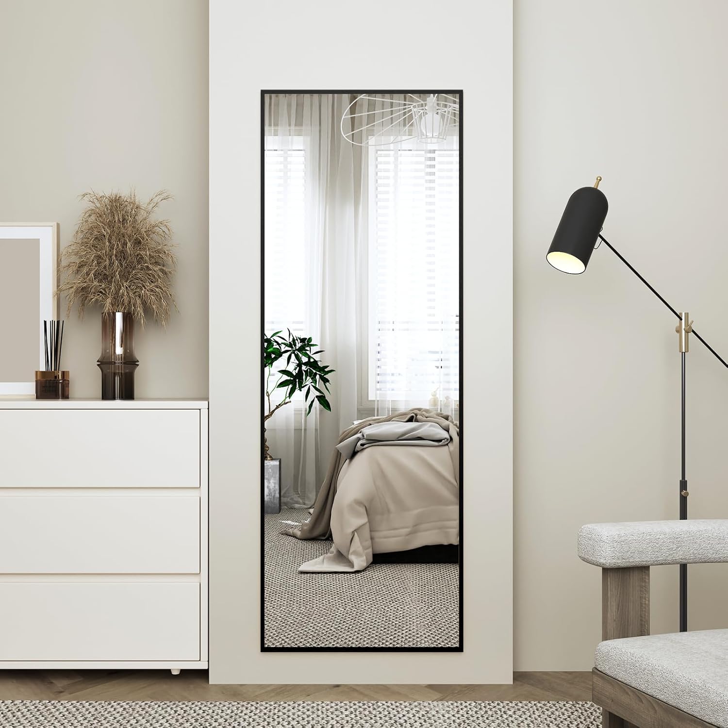 Espejo de longitud completa con soporte, espejo de 65 x 24 pulgadas, espejo de cuerpo negro con marco de aluminio, espejo de pie rectangular, espejo
