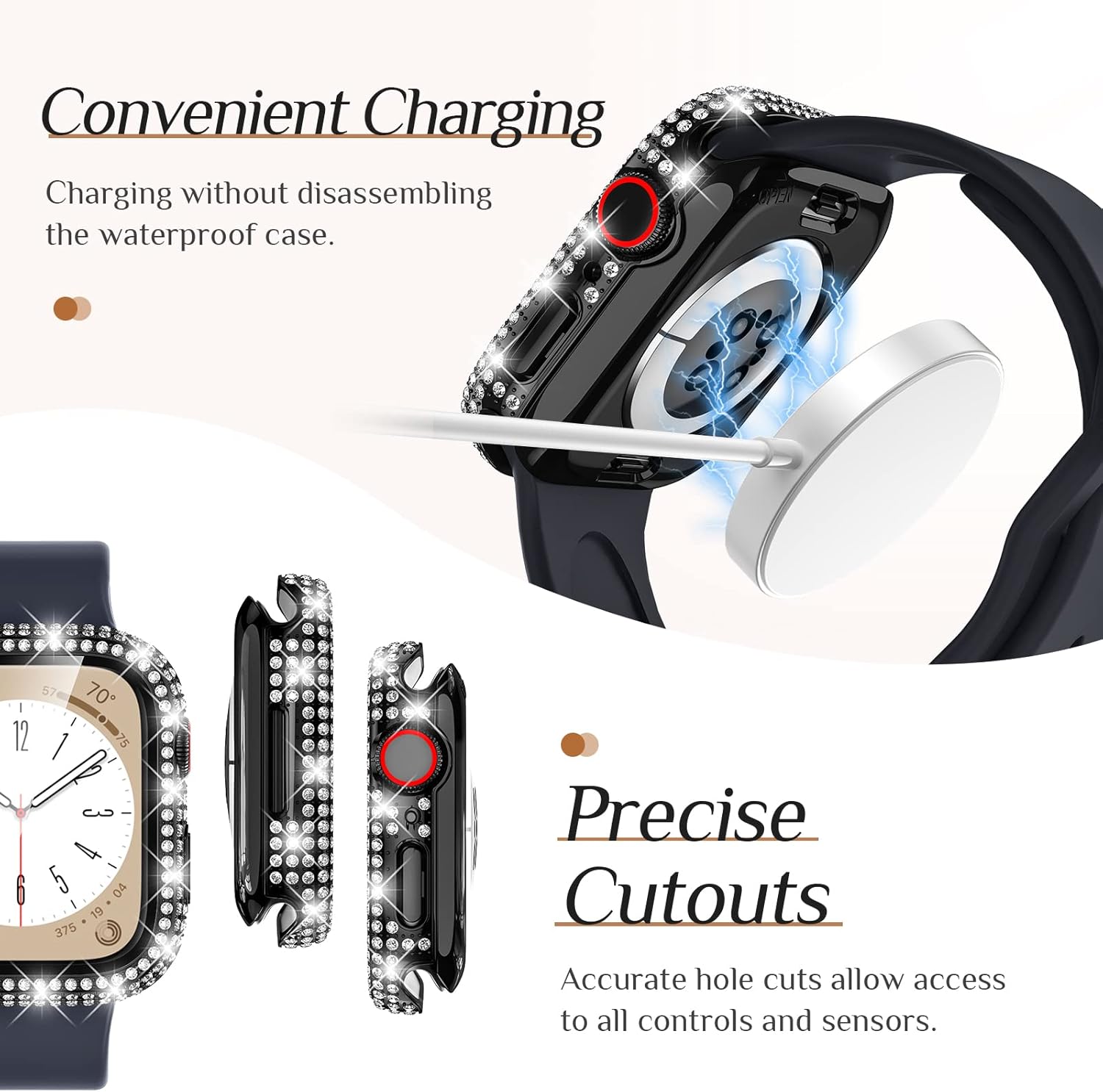 Goton Funda impermeable brillante 2 en 1 para Apple Watch de 1.575 pulgadas, protector de pantalla SE (2 generación) Series 6 5 4, con diamantes de