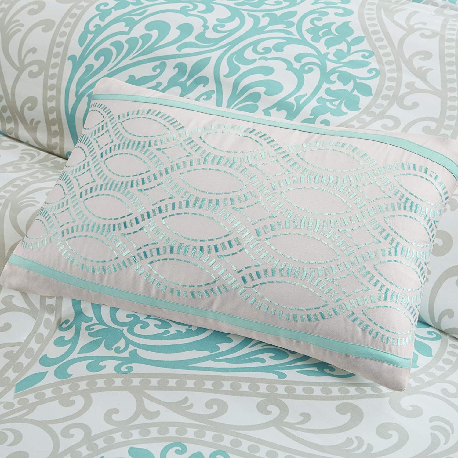 Intelligent Design Senna – Juego de edredón tamaño individualindividual XL, color azul aguamarinagris, damasco, juegos de cama de 4 piezas, ropa de