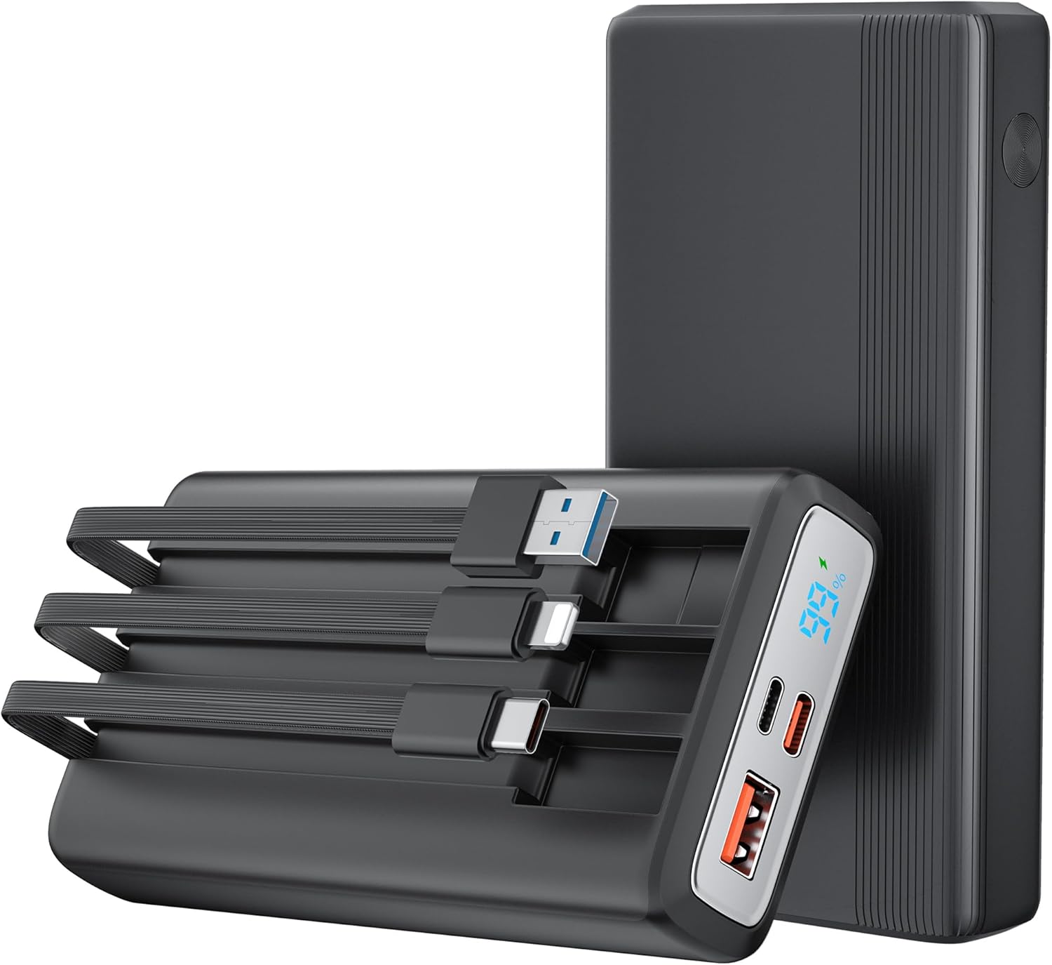 Cargador portátil de 20000 mAh, 22.5 W PD 3.0 de carga rápida con 3 cables incorporados, cargador de teléfono portátil con pantalla LED, paquete de