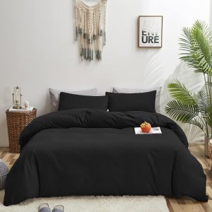 Juego de edredón negro tamaño California King, juego de cama negro liso puro, juego de edredón suave, ligero, transpirable y duradero para hombres y Juego de edredón negro tamaño California King, juego de cama negro liso puro, juego de edredón suave, ligero, transpirable y duradero para hombres y