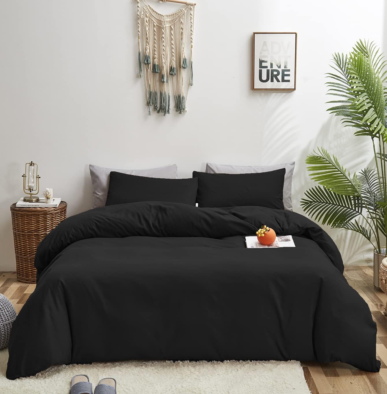 Juego de edredón negro tamaño California King, juego de cama negro liso puro, juego de edredón suave, ligero, transpirable y duradero para hombres y