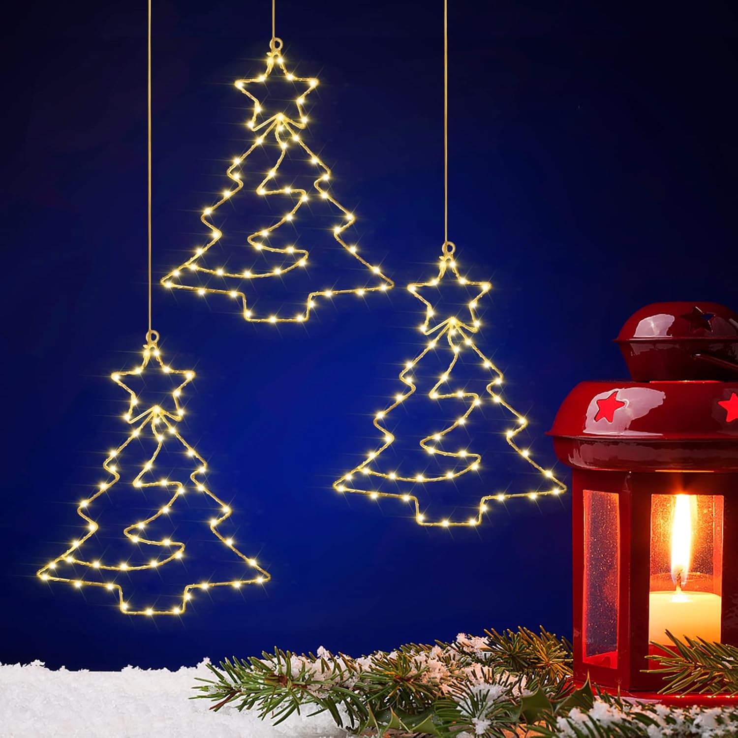 Raymall – 3 luces de ventana de Navidad, 55 LED alimentadas por pilas, luces de silueta de ventana de Navidad con temporizador, 8 modos de