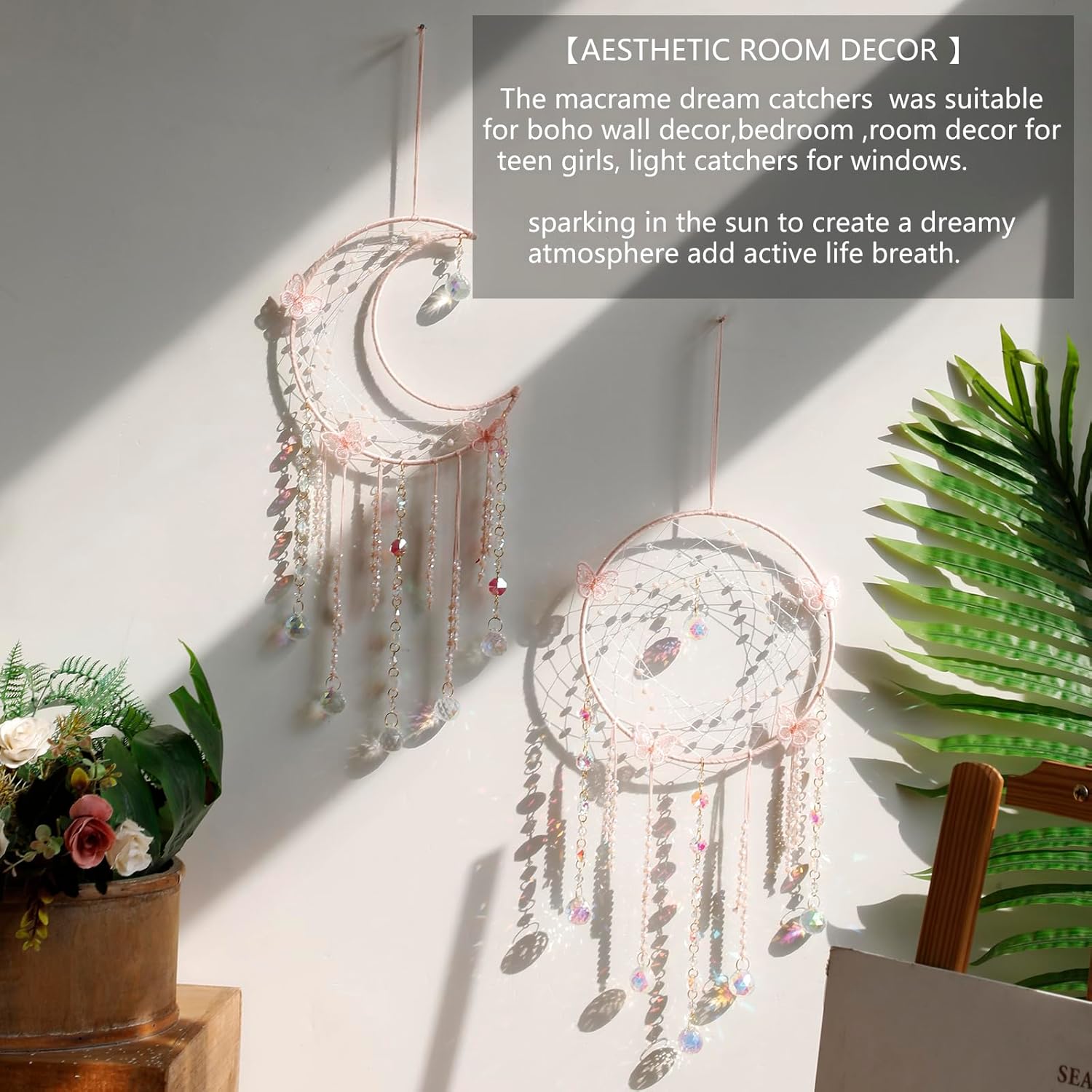 Artilady Atrapasueños de mariposa con cristales  Atrapasueños de luna rosa, grande, bohemio, decoración de pared, decoración del hogar, niñas,