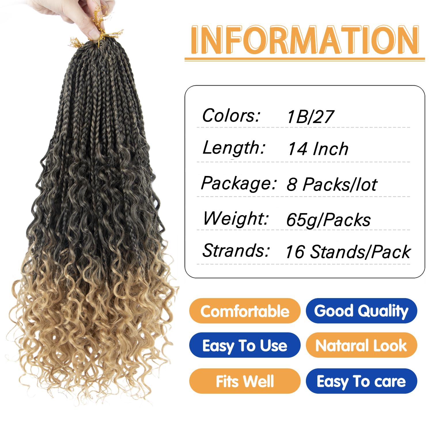 Goddess Box – Trenzas de ganchillo con puntas rizadas de 14 pulgadas, paquete de 8 paquetes, extensiones de cabello sintético preanudado para