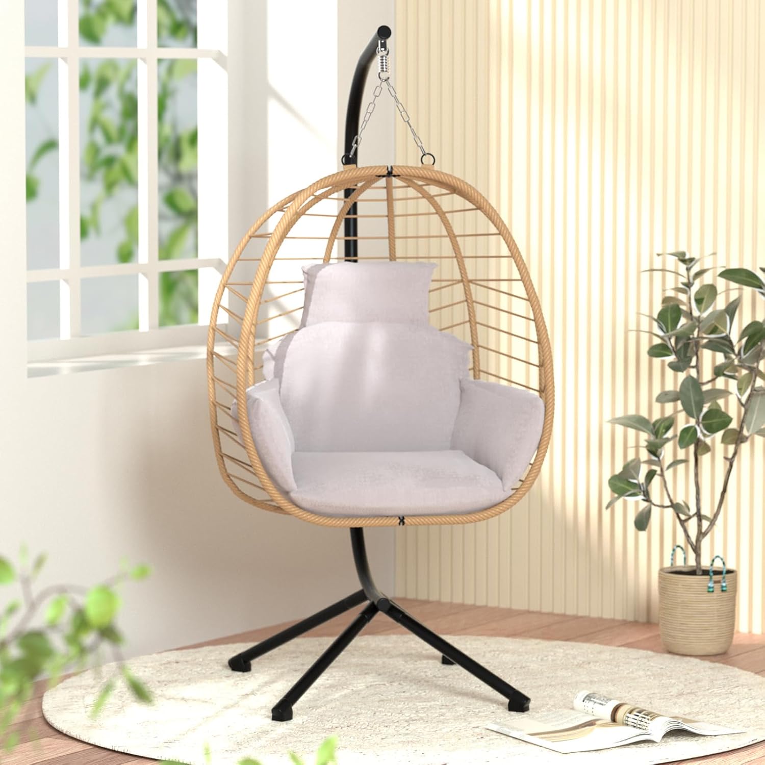 Silla colgante de huevo con soporte, hamaca de patio, silla oscilante, cesta de mimbre de ratán, altura ajustable, resistente a los rayos UV, uso en