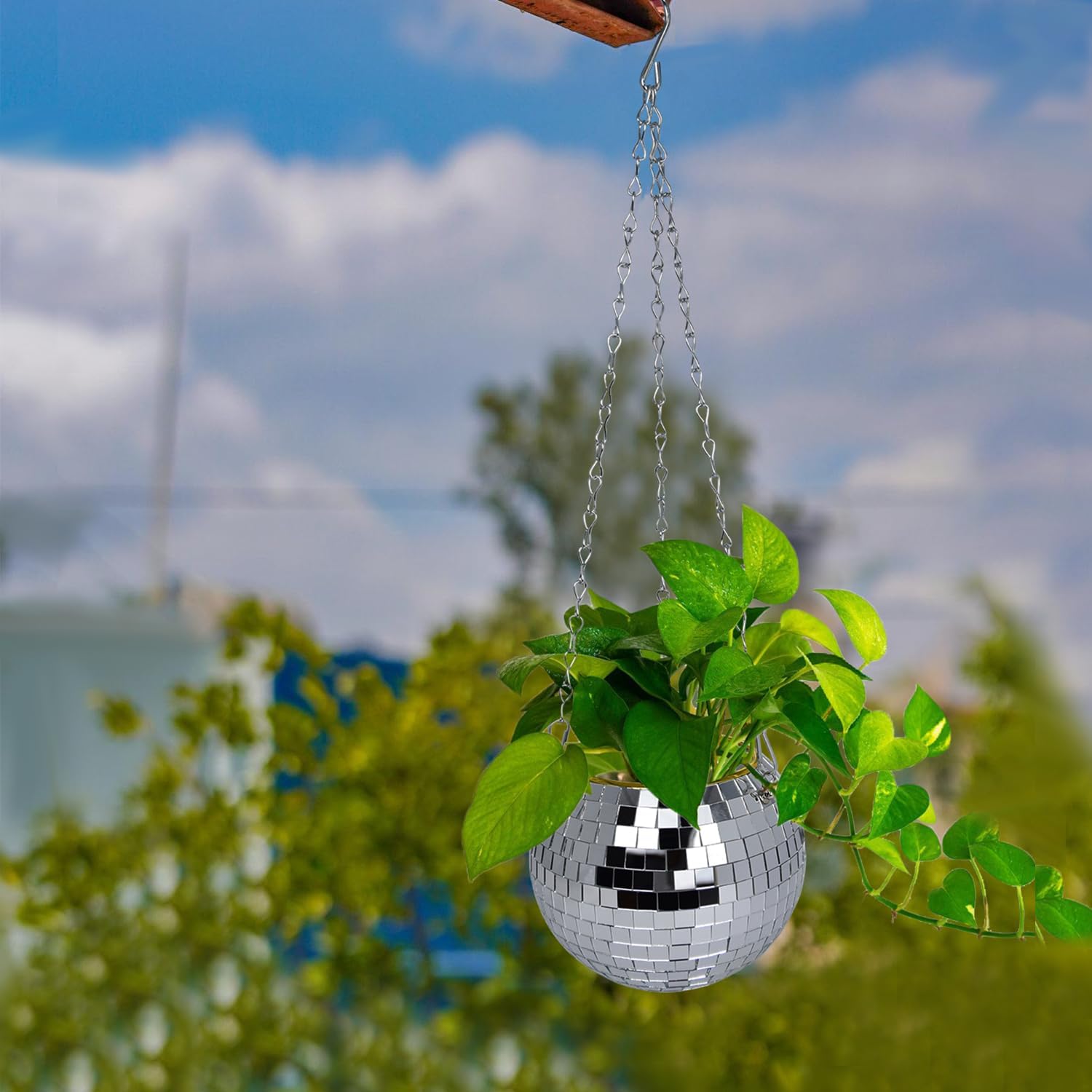 Maceta de bola de discoteca, maceta de discoteca de 6 pulgadas con cadena para colgar, gancho y soporte de anillo, ganchos para plantas de interior