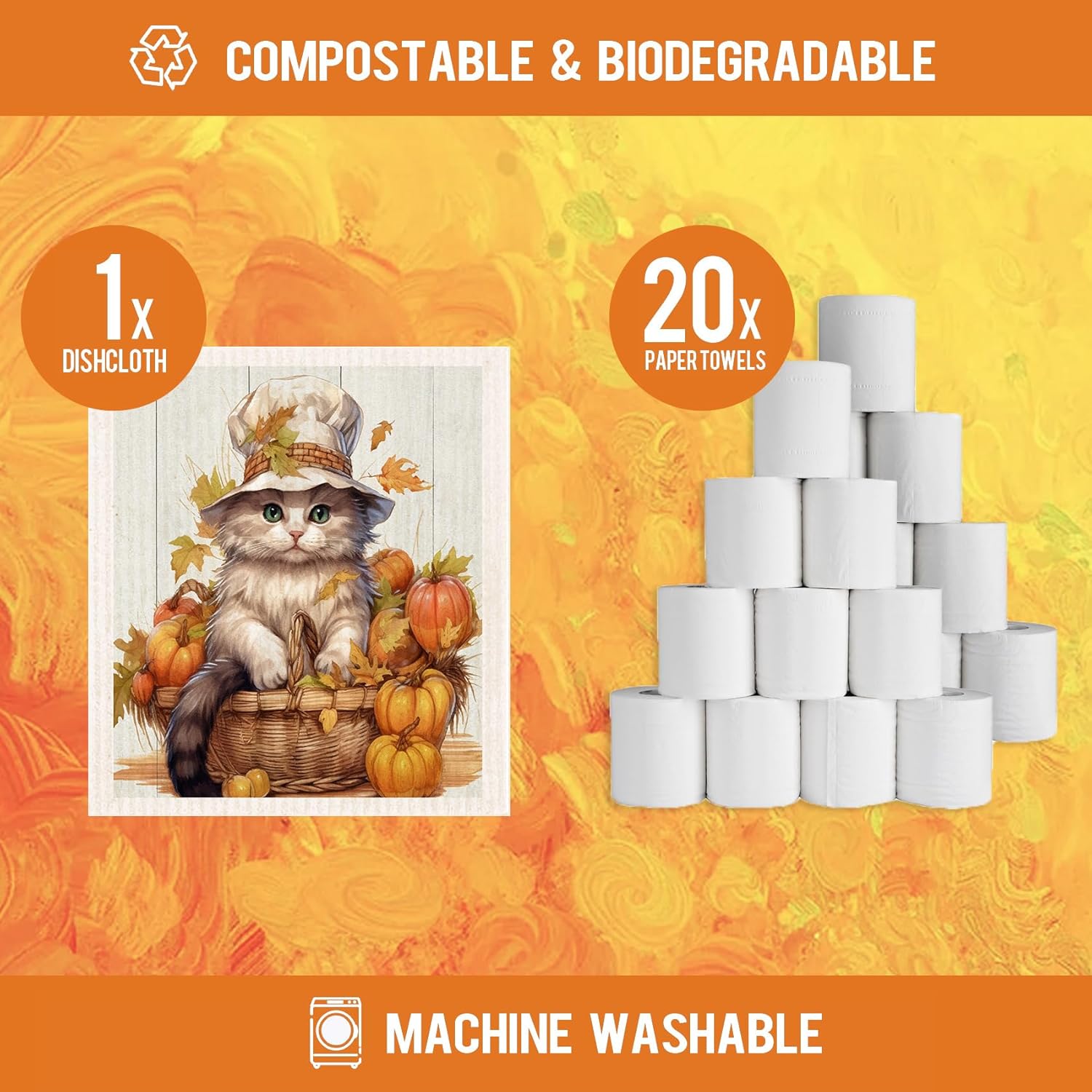 Morigins Paños de cocina suecos para cocina, paquete de 6 paños de cocina suecos con calabaza, gato, paños de esponja de celulosa, toallas de papel