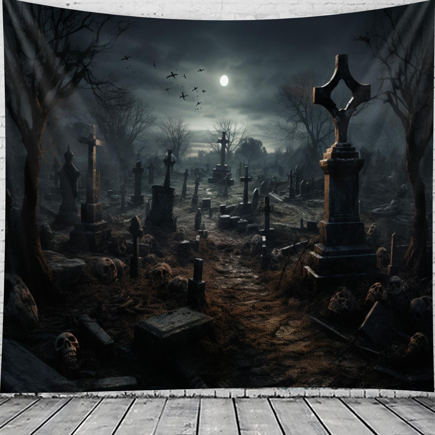 Tapiz de cementerio aterrador de Halloween, decoración grande para colgar en la pared, decoración de esqueleto de noche de muerte, decoración de