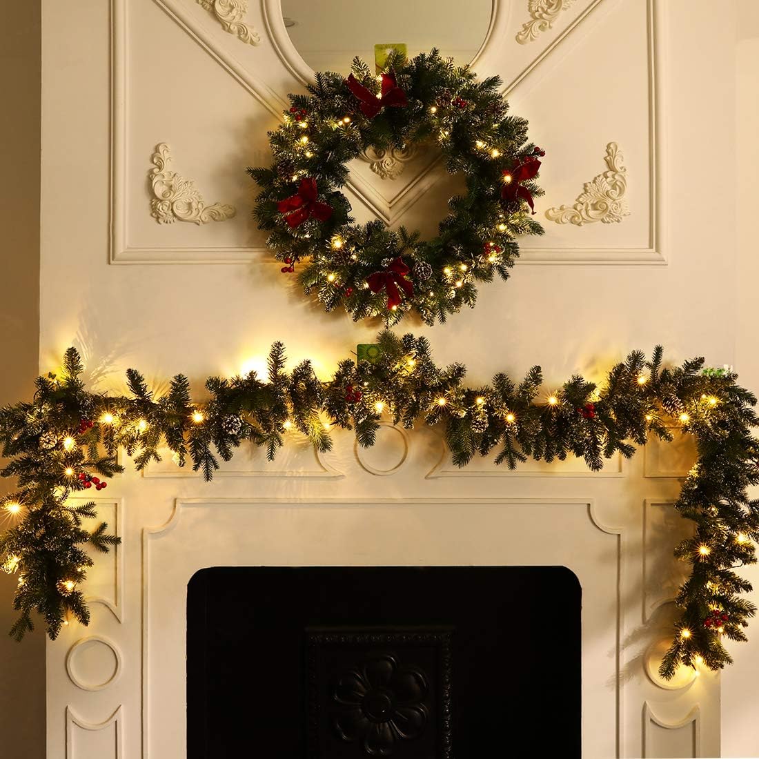 Guirnalda de Navidad artificial preiluminada de 9 pies, decoración de Navidad para interiores y exteriores, guirnalda con temporizador que funciona