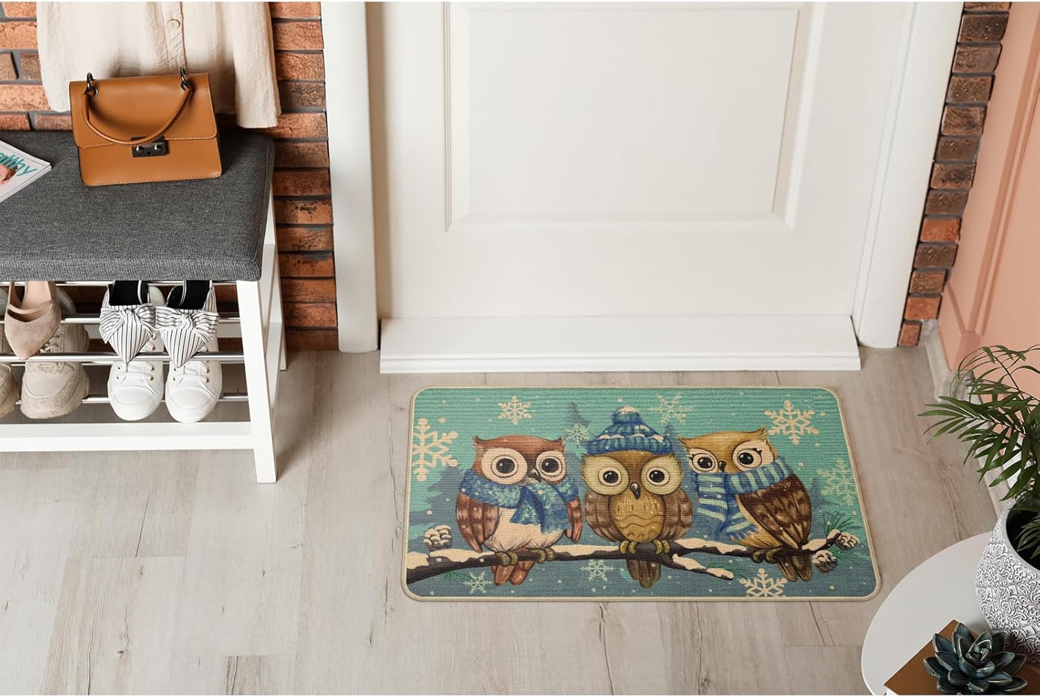 Tapete para puerta de invierno, antideslizante, con diseño de búho, para Navidad, invierno, copos de nieve, decoración del hogar, 29 x 17 pulgadas,