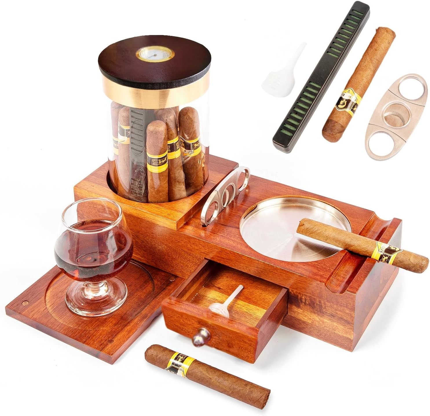 KING’S PALACE Humidor de cigarros y cenicero de cigarros con posavasos, humidificador, higrómetro, cortador de puros, cajón con anillos de tracción,