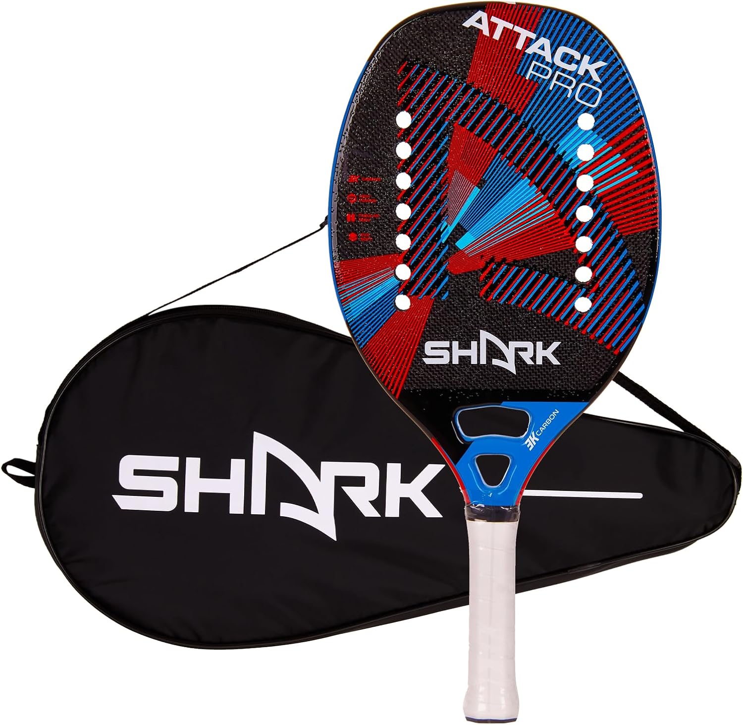 Shark Attack – Raqueta profesional de tenis de playa  Carbon 3K  EVA Soft Grey  0.866 in de grosor  Tecnología Spin Generation  Incluye funda