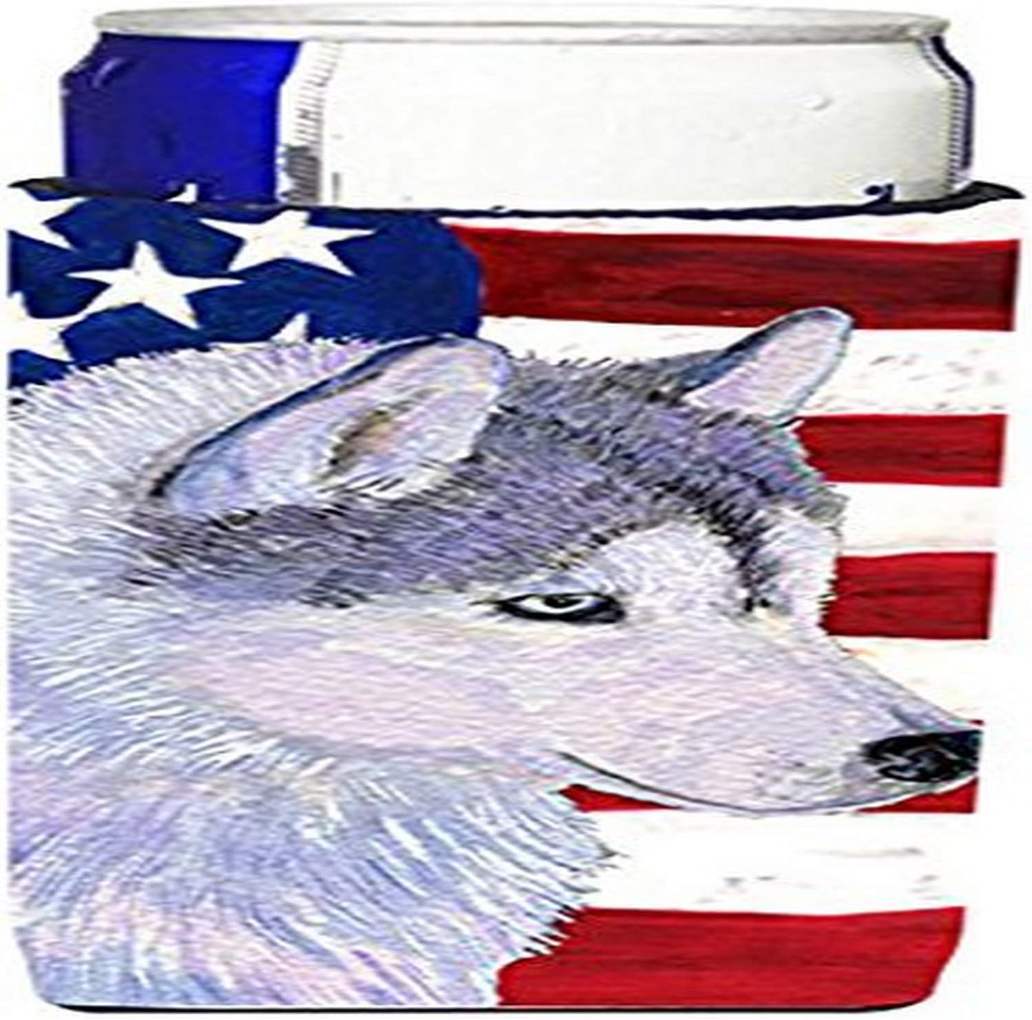 Caroline’s Treasures SS4220MUK – Bandera de Estados Unidos con Husky Siberiano Ultra Hugger para latas delgadas, funda enfriadora, lavable a