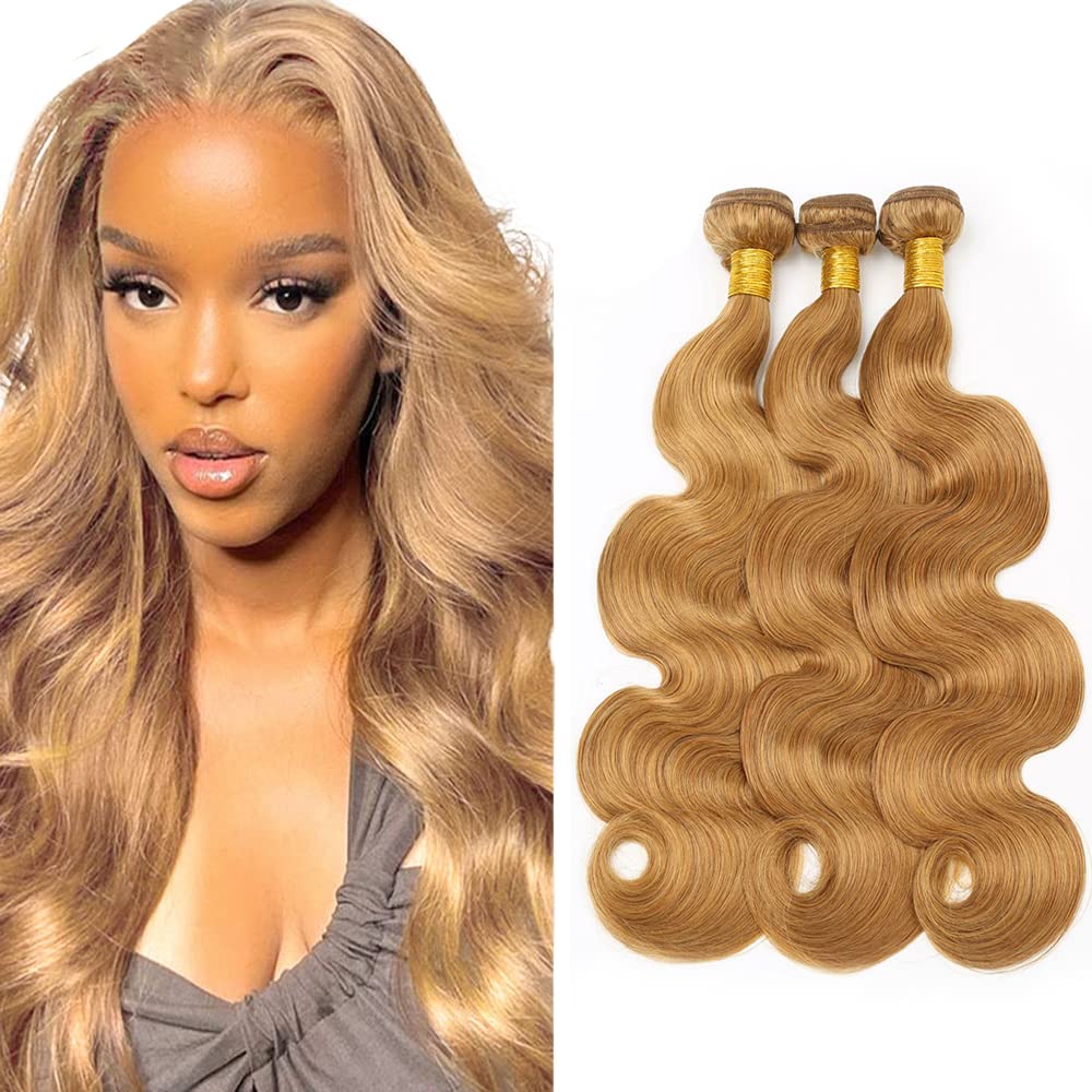 Color 27 – Manojos de cabello humano rubio miel, paquetes de cabello Remy virgen brasileño, 3 paquetes de 12, 14, 16 pulgadas, extensiones de