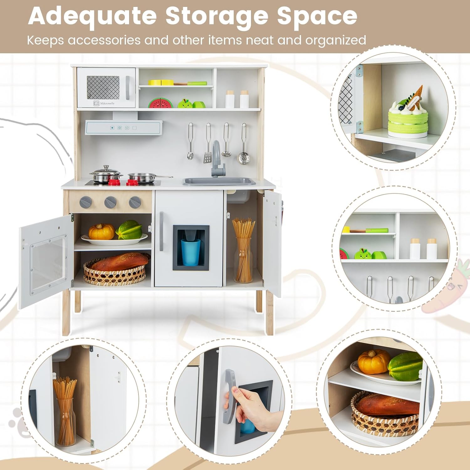 HONEY JOY Juego de cocina para niños, cocina de madera para niños pequeños, microondas, campana extractora, máquina de hielo, 18 accesorios de