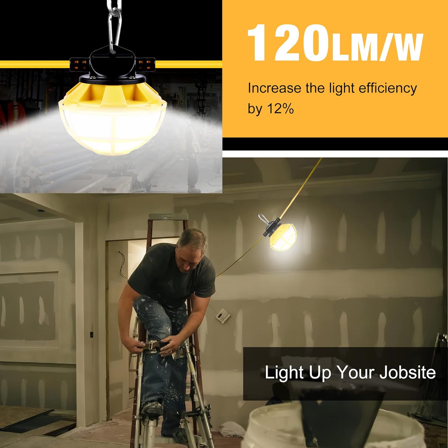 Cadena de luces de construcción de 100 pies con jaula protectora de 100 W, 12000 lúmenes, cadena de luces LED industriales, IP65, impermeable, súper