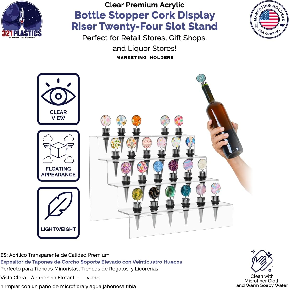 Marketing Holders Tapones de vino para botella de vino, soporte de exhibición de varios niveles con 24 ranuras con agujeros de 0.75 pulgadas de