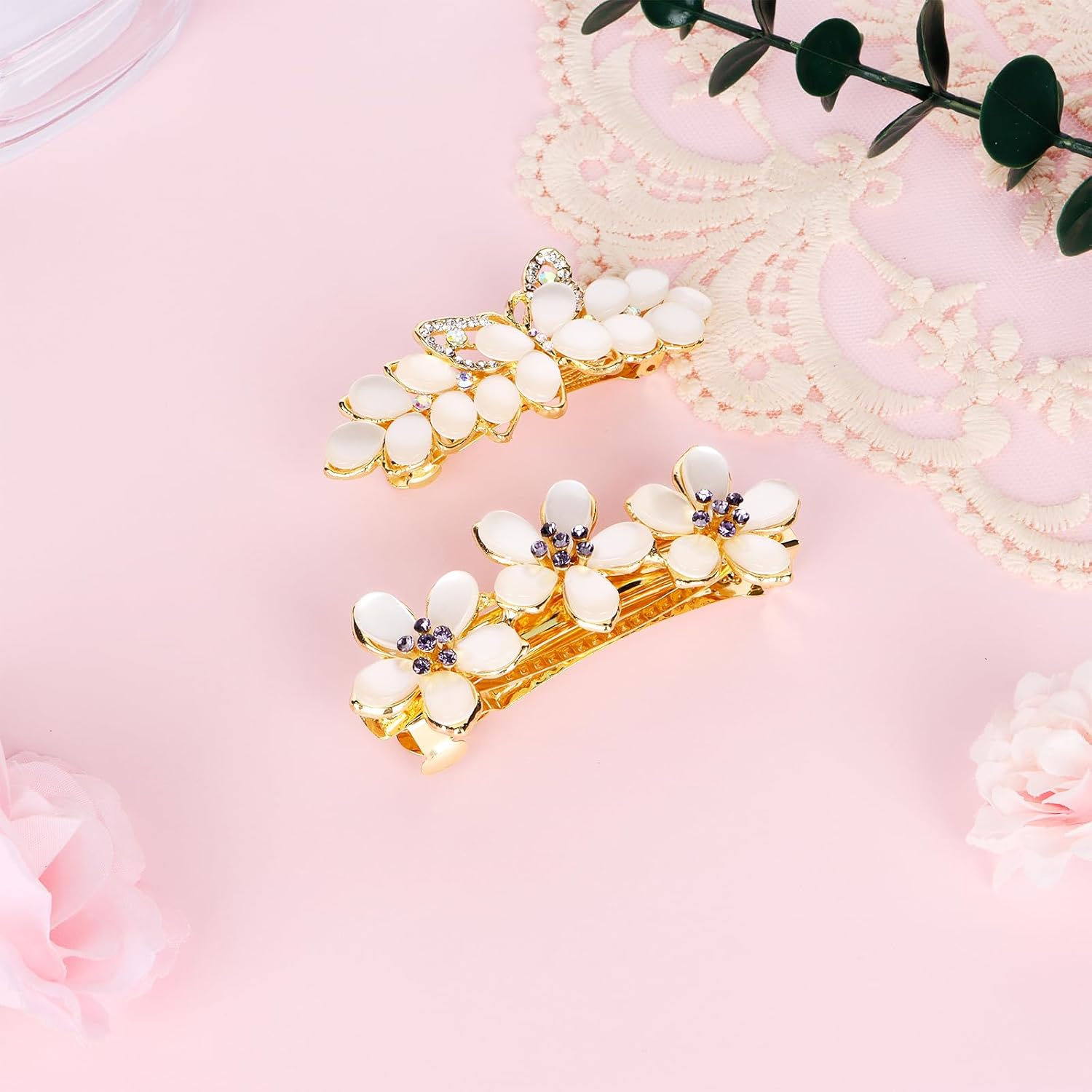 WHAVEL 2 pasadores dorados para el cabello para mujer, pinzas de pelo elegantes con diamantes de imitación, pinzas de flores y mariposas, pinzas