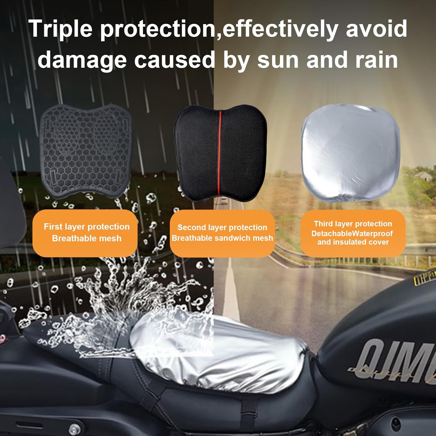 Cojín de asiento de gel para motocicleta con almohadilla de asiento, funda de asiento grande de panal 3D, transpirable, absorción de impactos que