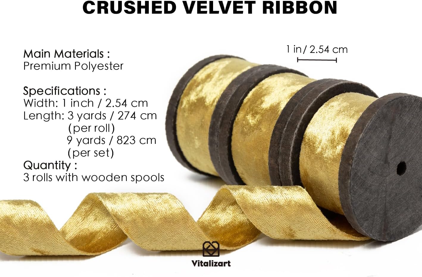 Vitalizart Juego de cintas de terciopelo de 1 pulgada x 9 yardas, carrete de madera de lujo dorado, cintas de terciopelo de doble cara para árbol de