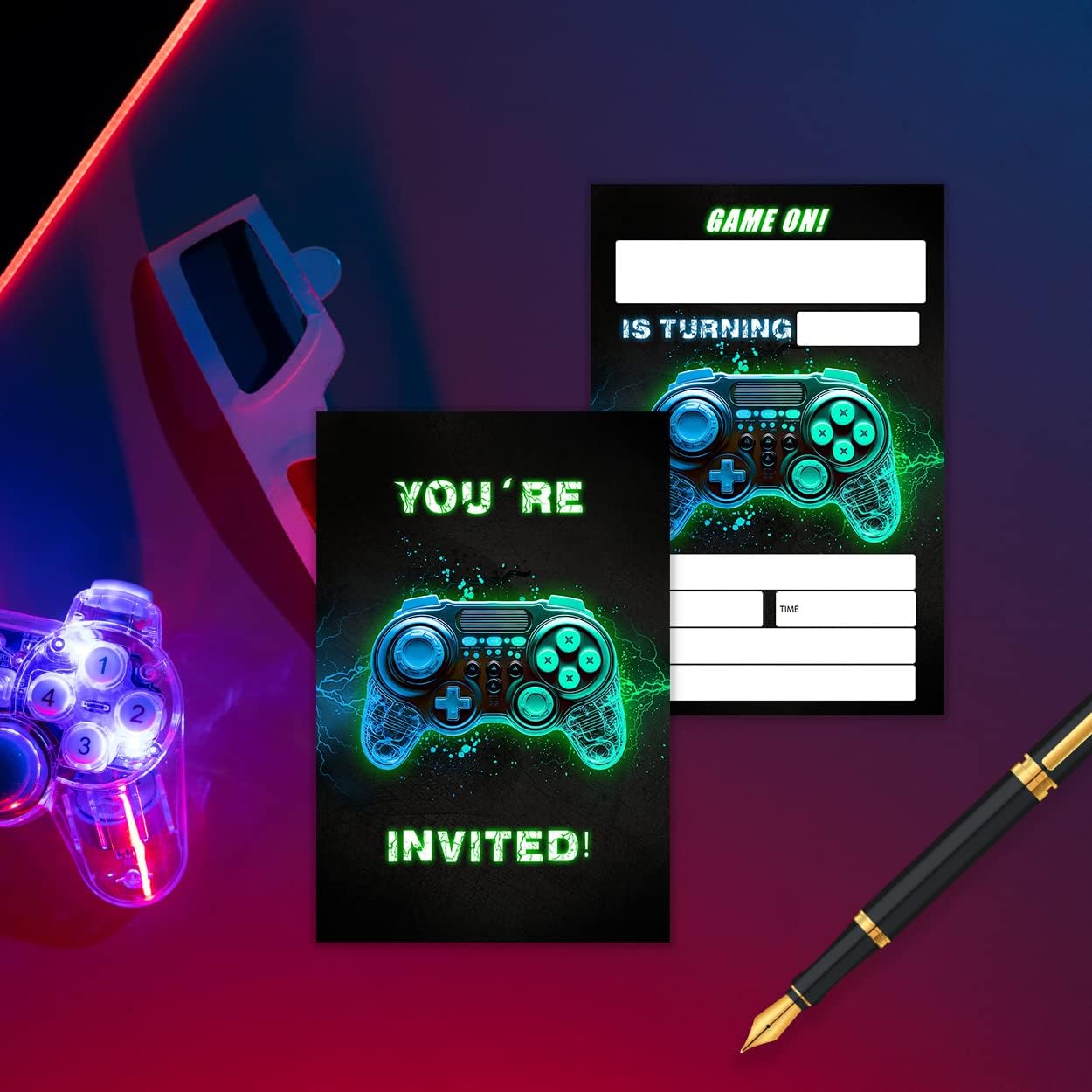 Invitación de fiesta de cumpleaños de videojuegos, invitación de cumpleaños para niños y niñas, invitación verde y azul brillante, juegos, fiesta de