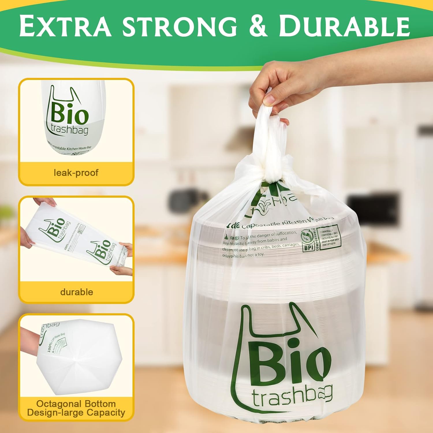 Bolsas de basura compostables blancas biodegradables, bolsas de basura grandes de cocina de 13 galones, 50 unidades, resistentes 49.2 litros, bolsas
