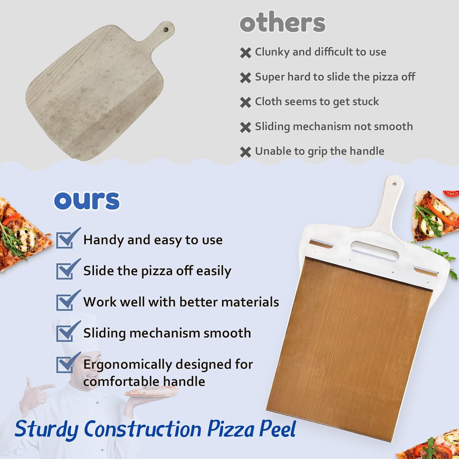 Pala deslizante de pizza para masa de pizza de transferencia súper fácil, pala de pizza sin pegar con asa, pala mágica para pizza, peladura