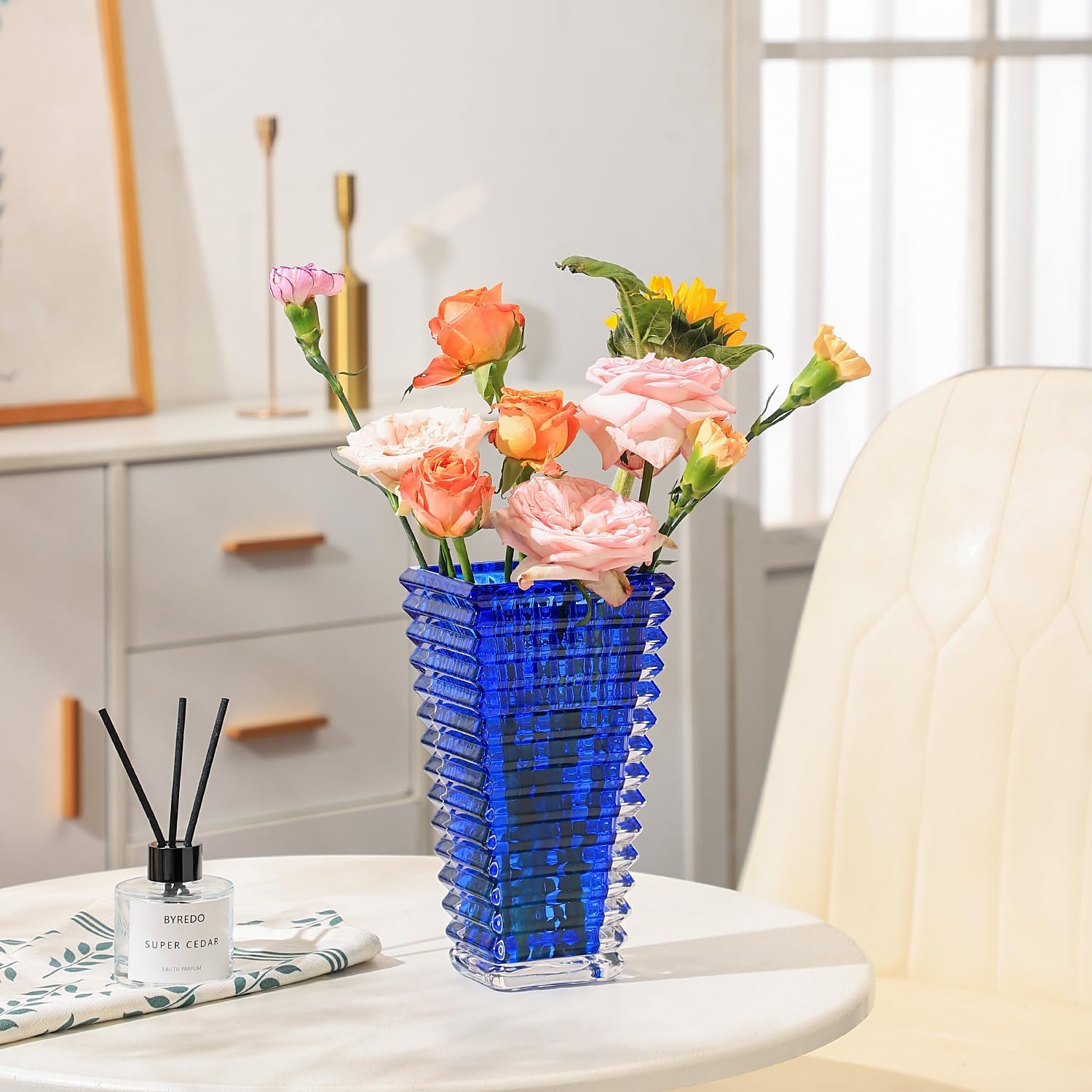 Jarrón de cristal, jarrón de vidrio azul, jarrón de vidrio resistente, jarrones para centros de mesa, florero grande, jarrón de vidrio grande,