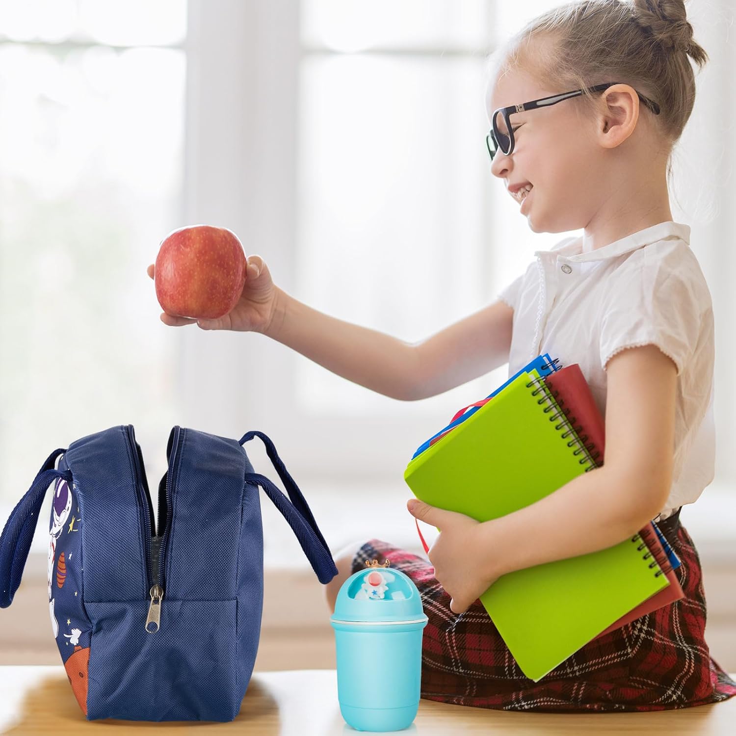 Juego de lonchera de astronauta, lonchera Bento azul, bolsa de almuerzo aislada, botella de agua, calcomanías, tazas gruesas de silicona para