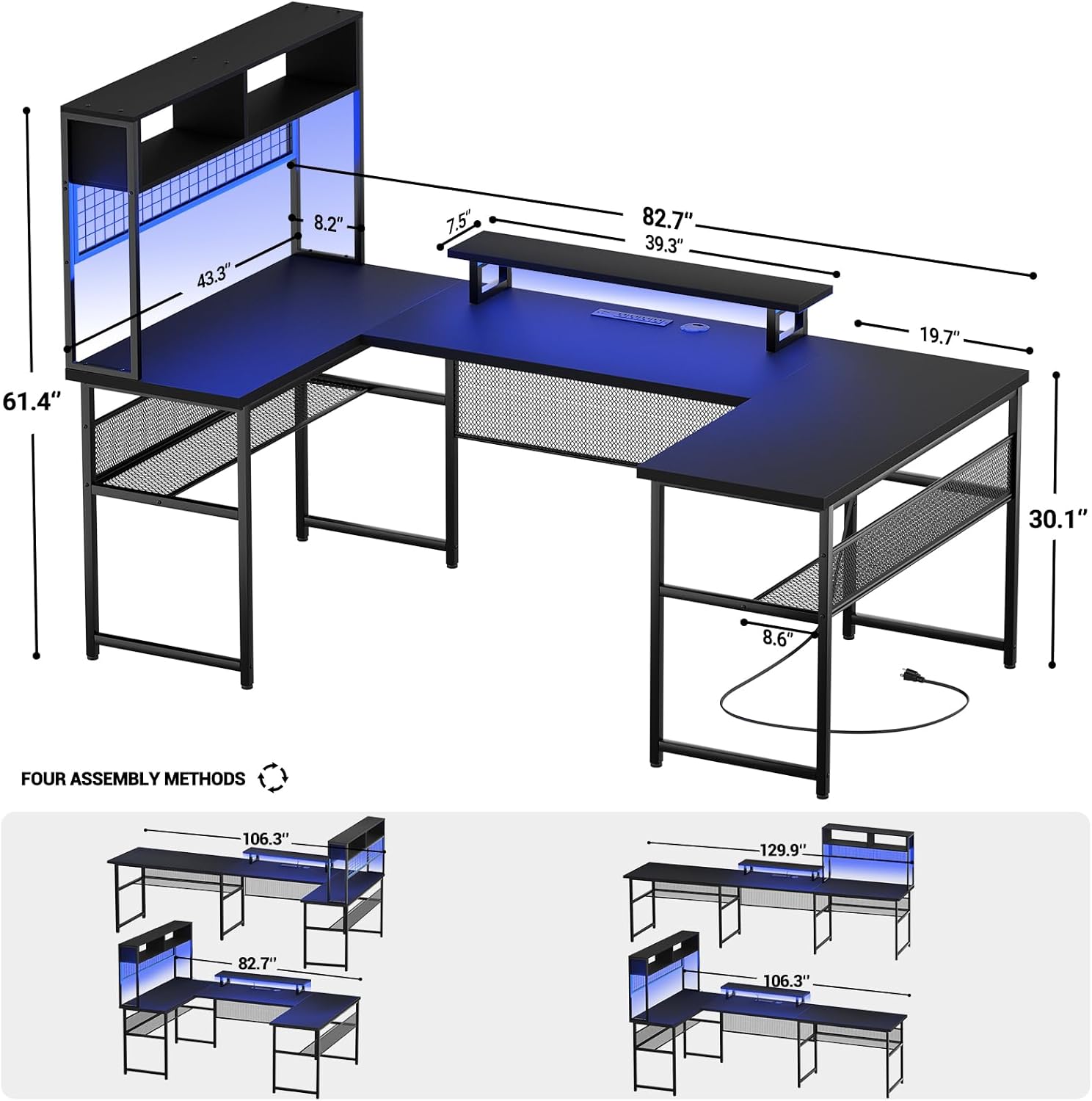 Unikito Escritorio en forma de U con gabinete, escritorio reversible en forma de L con tomas de corriente y tira LED, mesa de oficina grande con