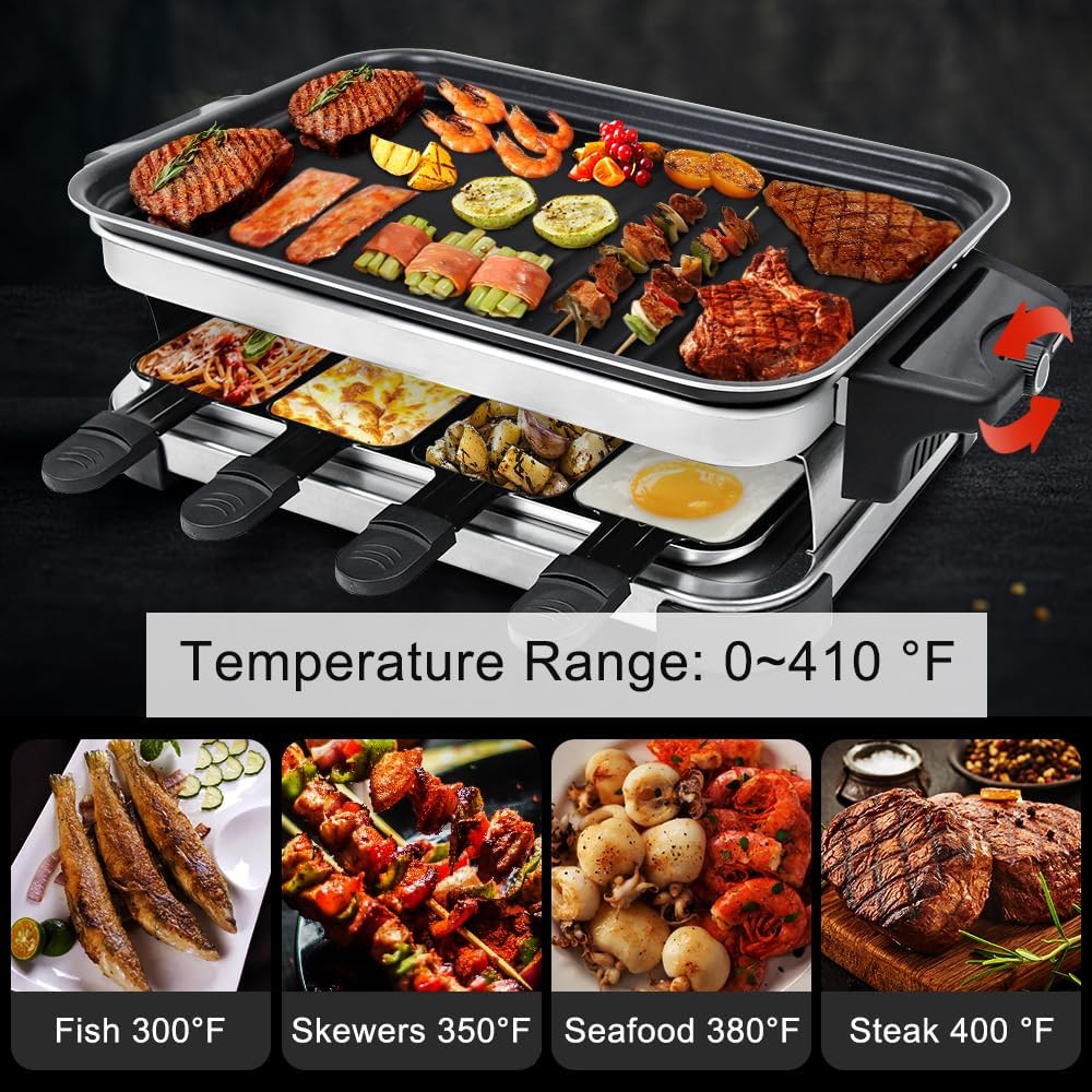 Petfu Raclette – Parrilla de mesa eléctrica de 1300 W, parrilla interior con 8 mini sartenes de raclette de queso con placa antiadherente,