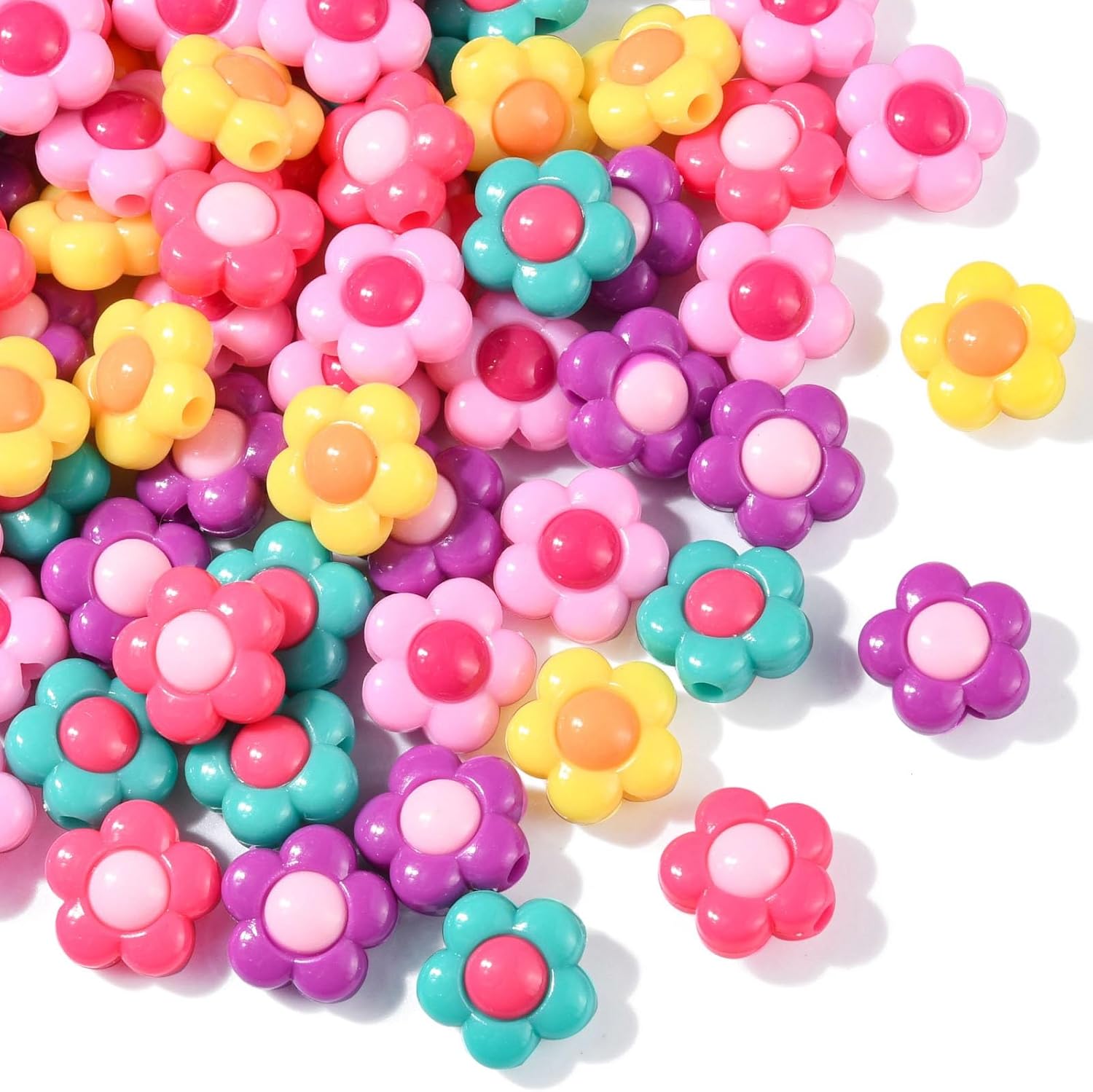LiQunSweet 450 cuentas de acrílico de color aleatorio de 0.631 pulgadas, 5 pétalos, cuentas florales de 0.091 pulgadas con agujero de 0.071