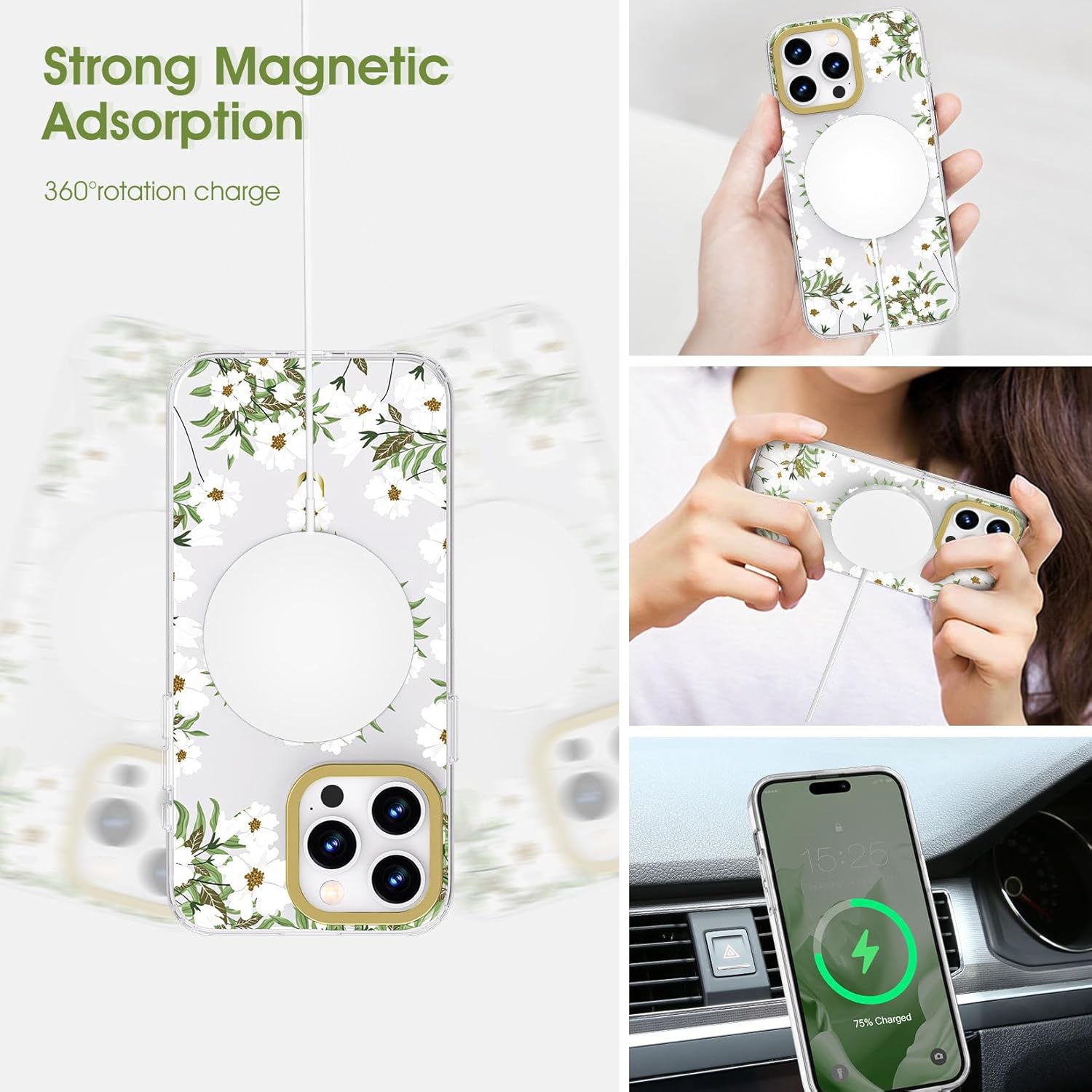 MILPROX Funda compatible con iPhone 15 Pro Max, compatible con MagSafe, bonito patrón floral de flores para niñas y mujeres, funda protectora