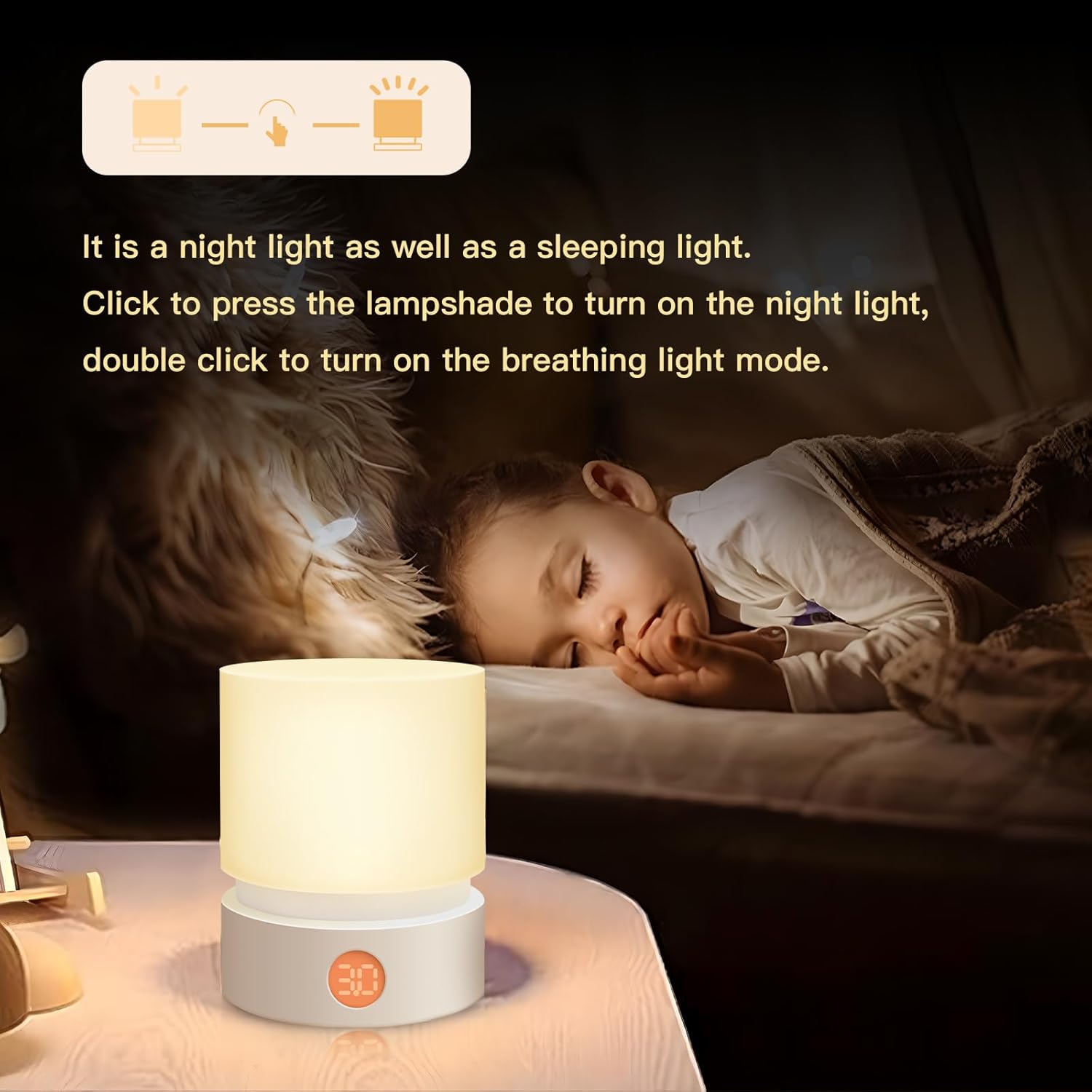 Lámpara de mesa pequeña, luz nocturna portátil regulable con temporizador para niños, luz LED cálida de 3000 K, lámparas de noche pequeñas para