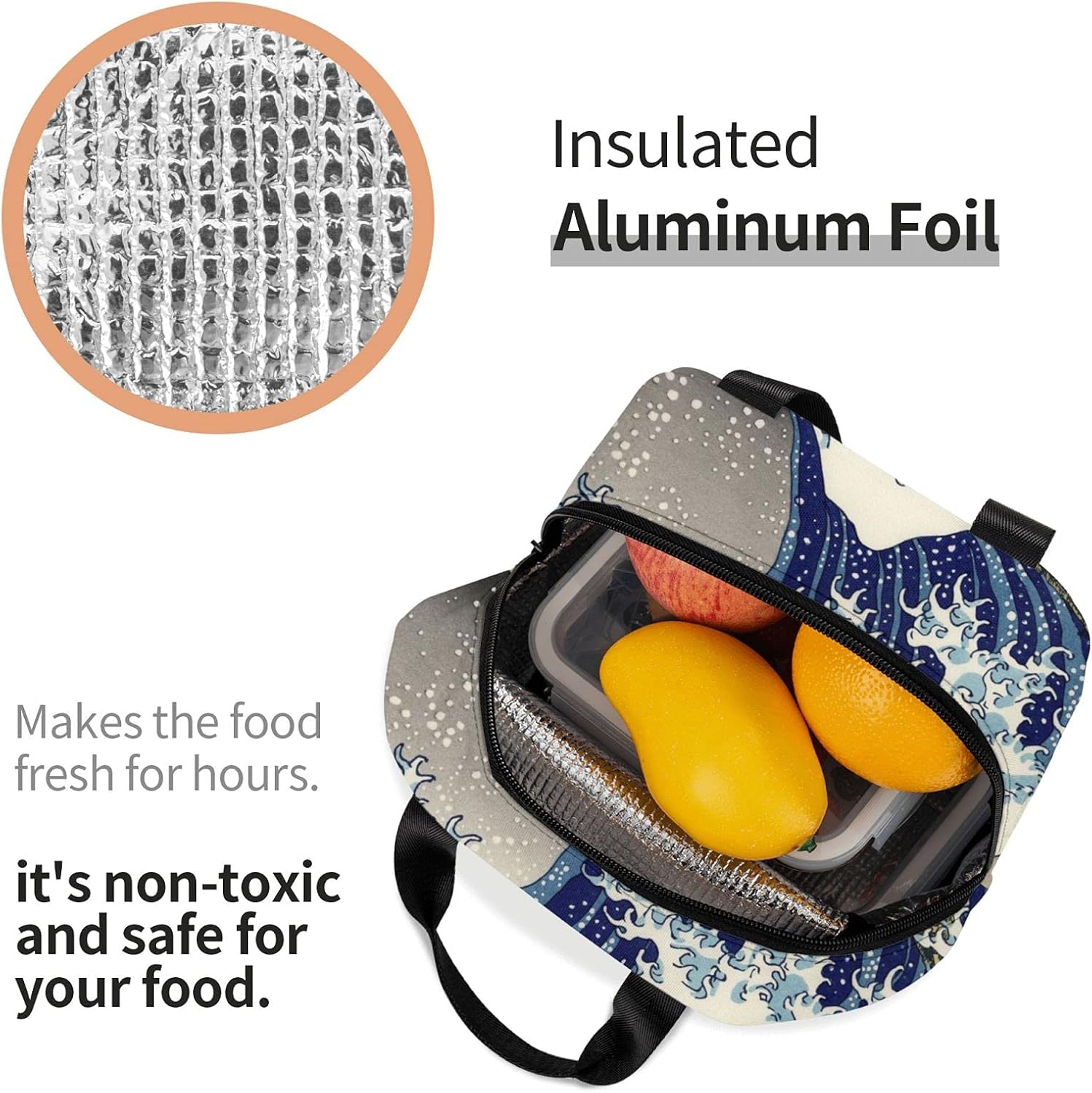 Kanagawa – Bolsa de almuerzo con aislamiento térmico Great Wave para mujer, contenedor reutilizable para comida para mujeres, oficina, picnic,