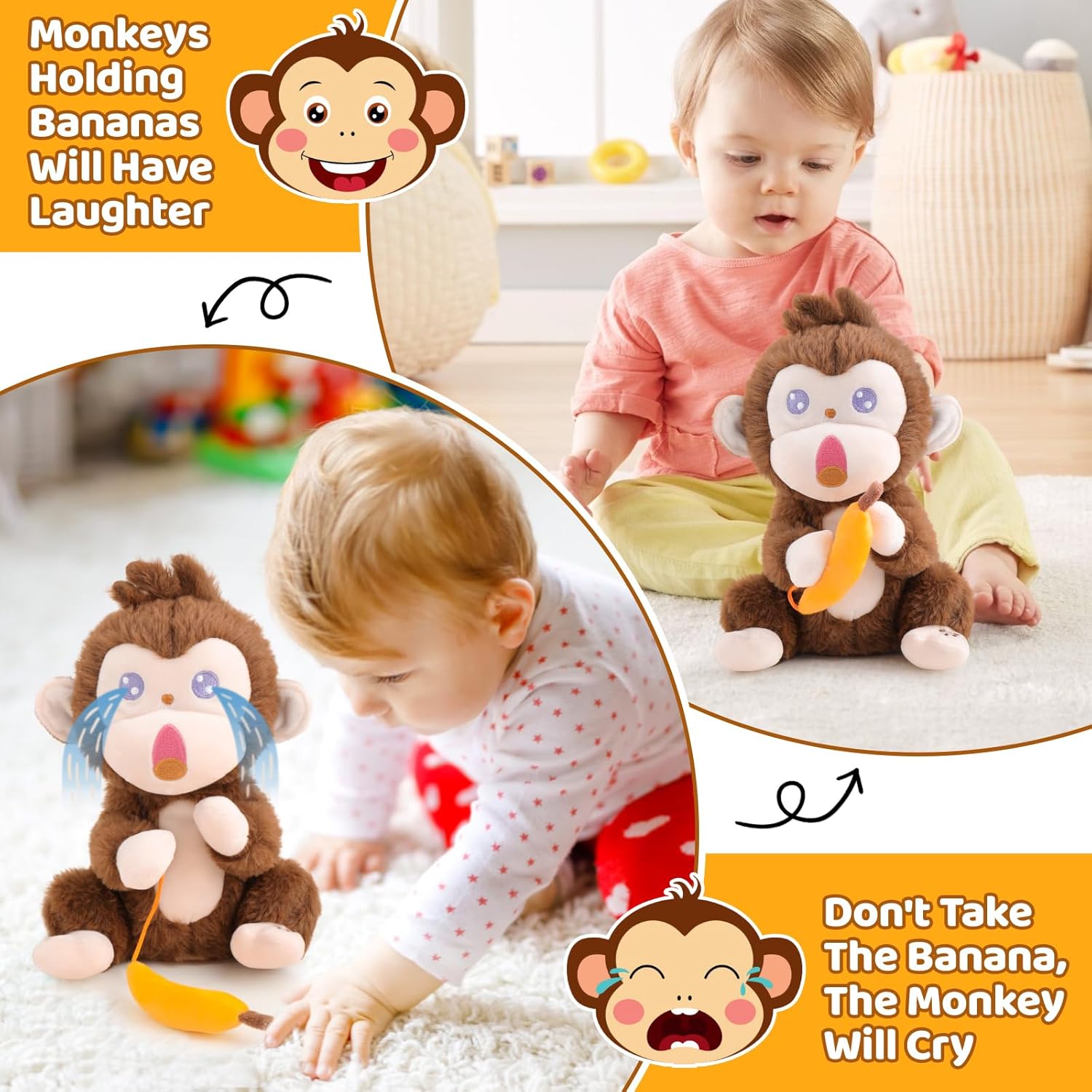 Emoin Monkey Stuffed Animals The Playful Monkey – Juguete interactivo de peluche de mono enojado, no tomes su plátano, mono interactivo, plátano,