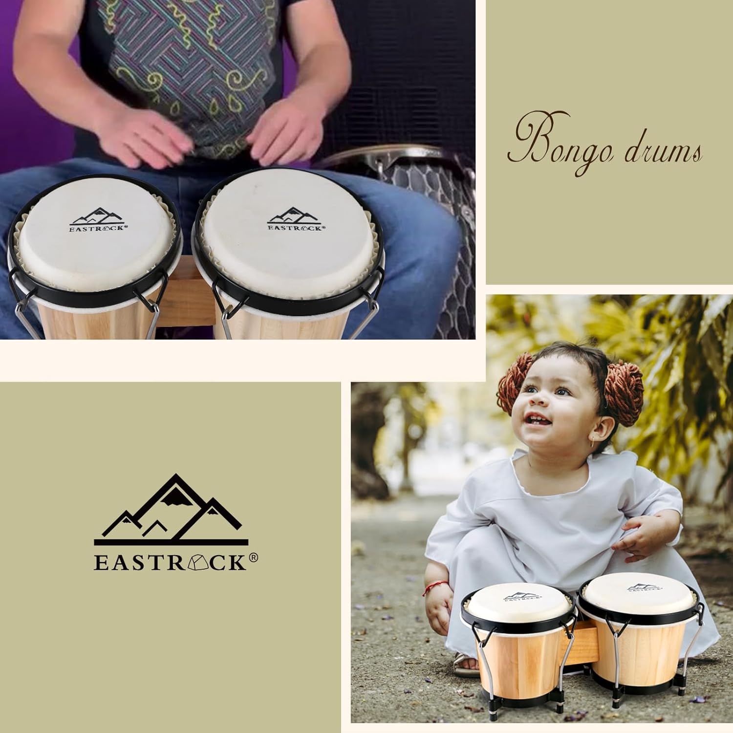 EastRock Bongo – Juego de tambor de 6 y 7 pulgadas para adultos, niños, principiantes, profesionales, instrumentos de percusión de madera y metal