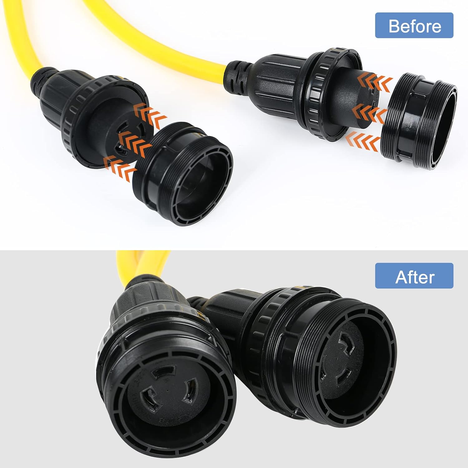 Adaptador eléctrico de alimentación marina para RV, SS2-50P macho 50A enchufe a (2) L5-30R hembra doble 30A receptáculo marino de alimentación