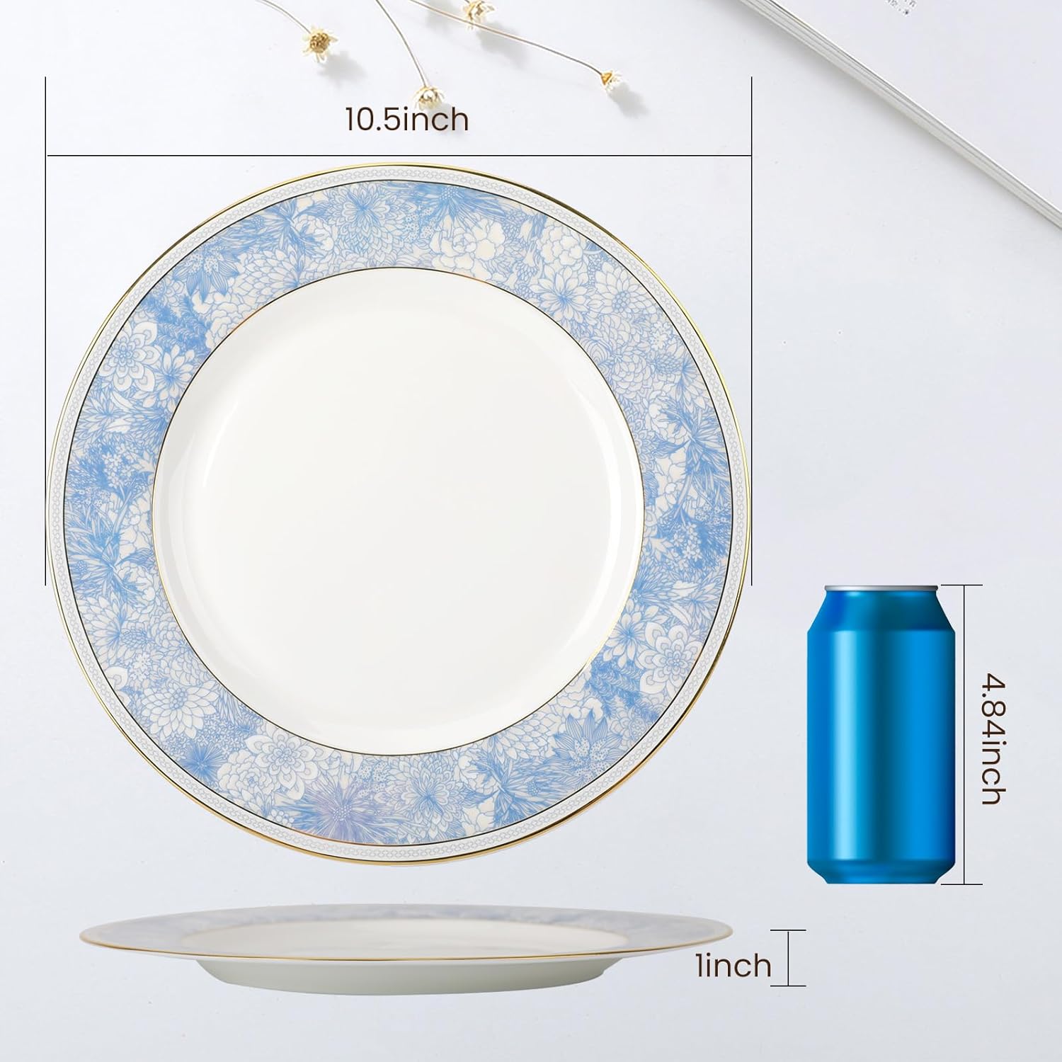 Juego de platos llanos de porcelana fina de hueso, juego de vajilla de 10.5 pulgadas, patrón azul y blanco con cocción hecha a mano, con borde