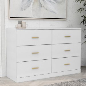Spaco Cómoda blanca para dormitorio, cómoda de 6 cajones con mango dorado, cómoda de almacenamiento de madera moderna para dormitorio, sala de estar Spaco Cómoda blanca para dormitorio, cómoda de 6 cajones con mango dorado, cómoda de almacenamiento de madera moderna para dormitorio, sala de estar