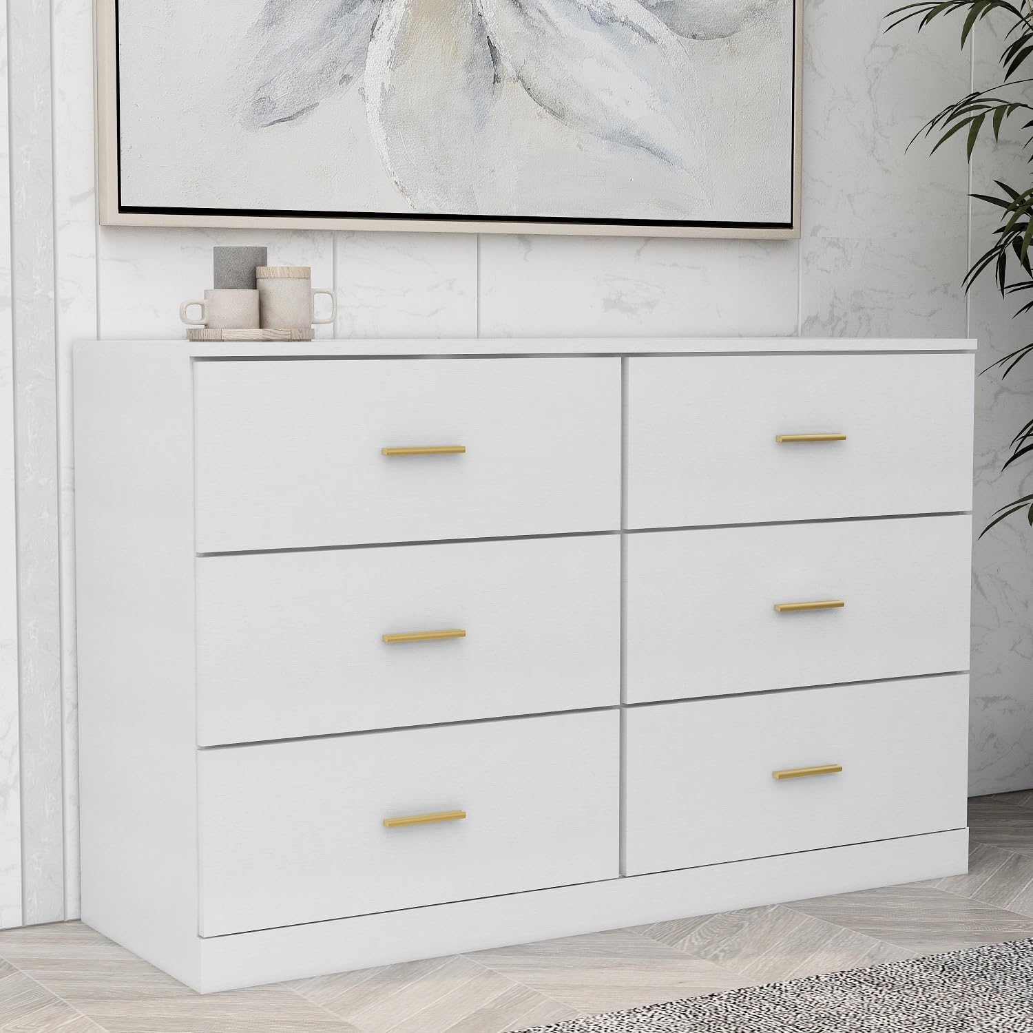 Spaco Cómoda blanca para dormitorio, cómoda de 6 cajones con mango dorado, cómoda de almacenamiento de madera moderna para dormitorio, sala de estar