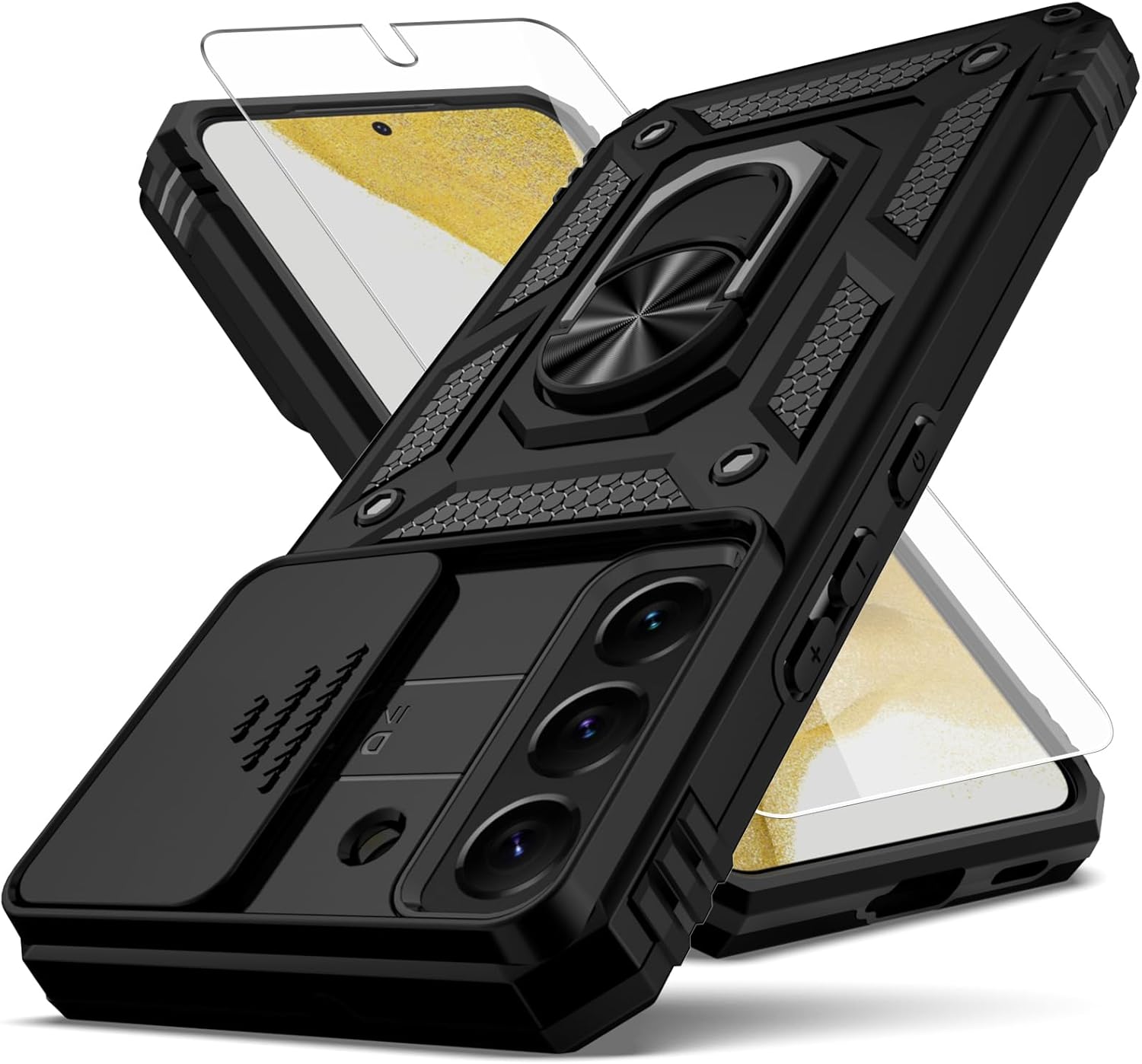 Funda para Samsung Galaxy S22, con cubierta para lente de cámara, protector de pantalla HD, grado militar anillo de montaje en coche con soporte